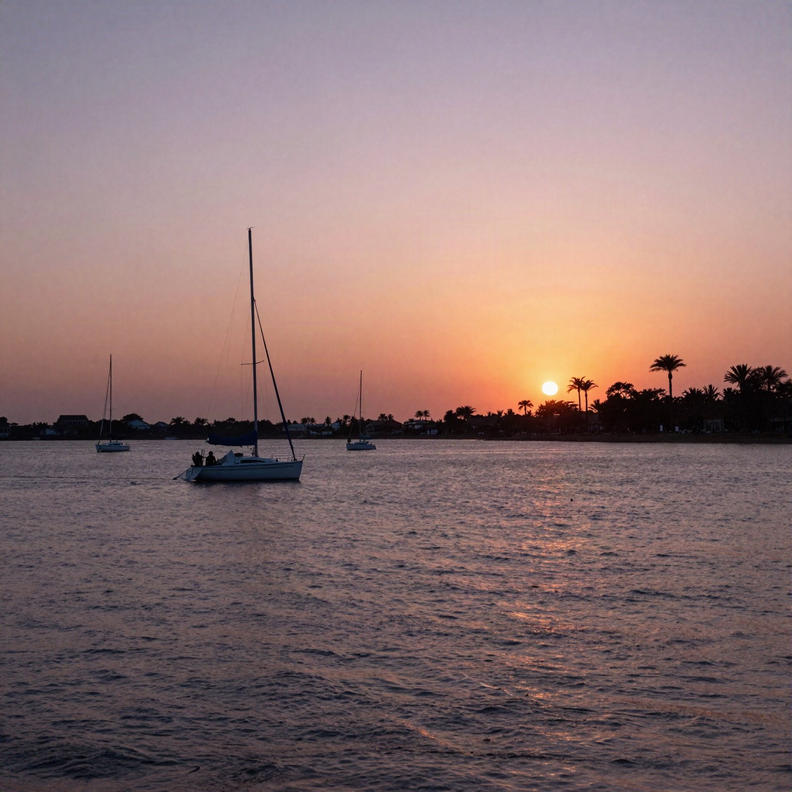 Sailboats on a calm bay at sunset