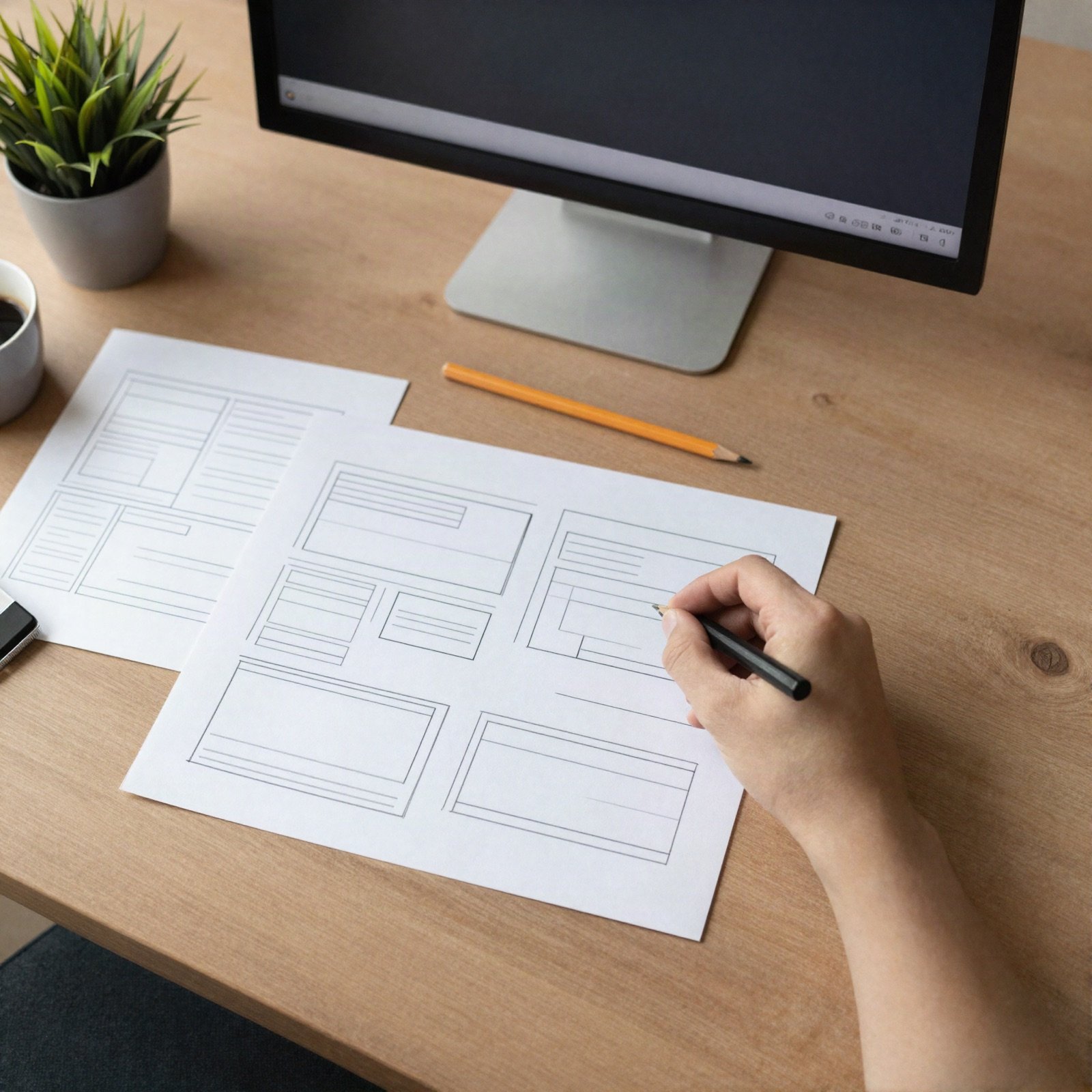 Designer sketching page wireframes on paper at a wooden desk