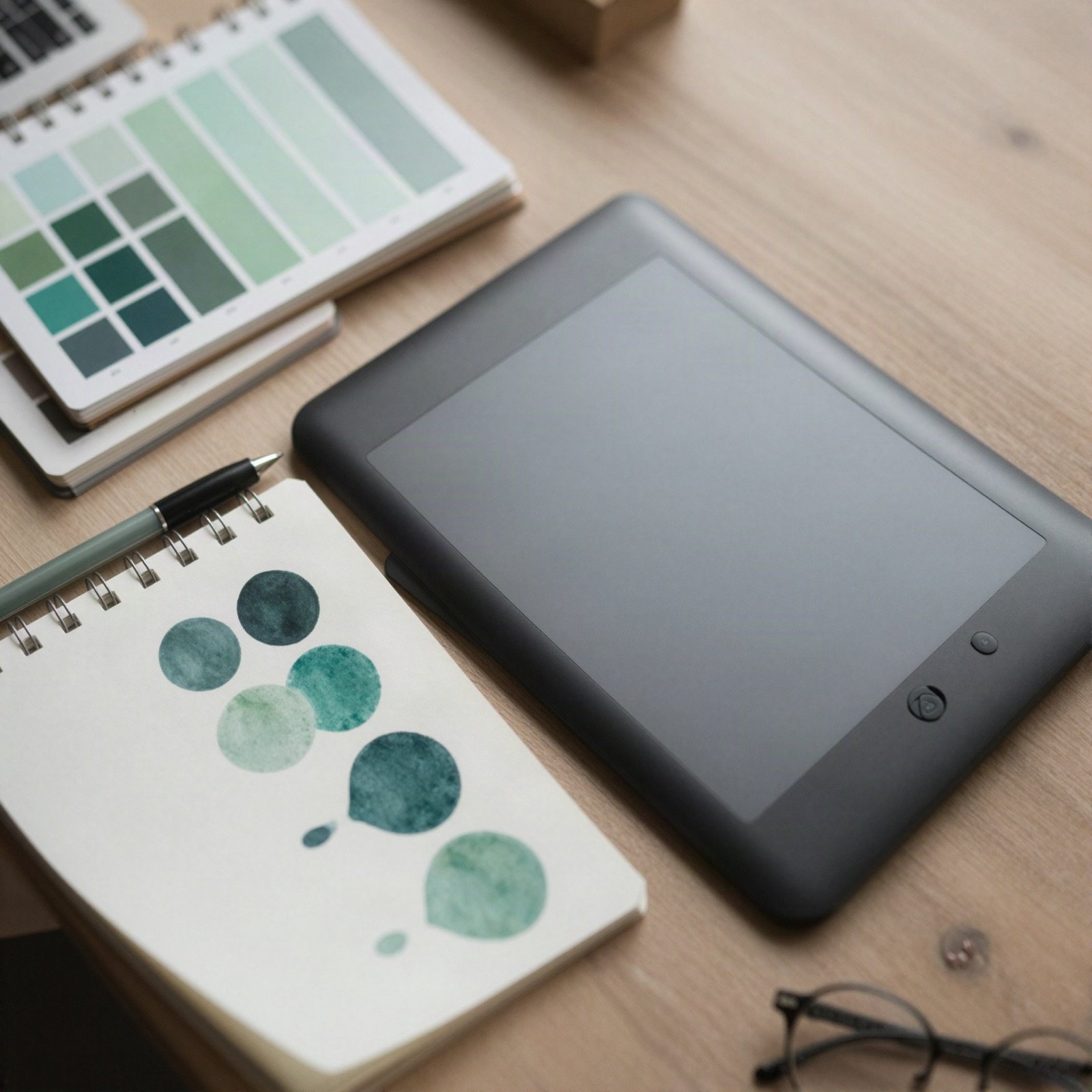 Green colour swatches, a sketchbook and a drawing tablet on a desk