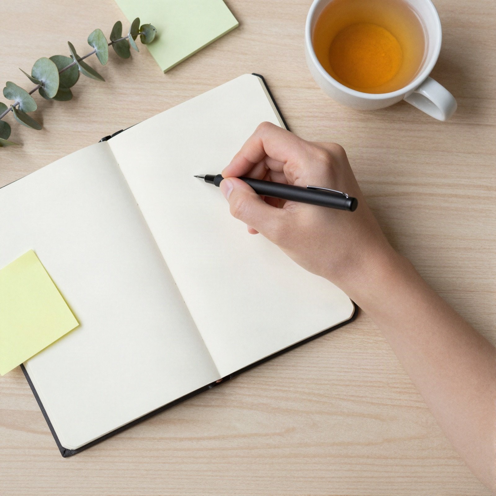 Hand writing in an open notebook beside a cup of tea