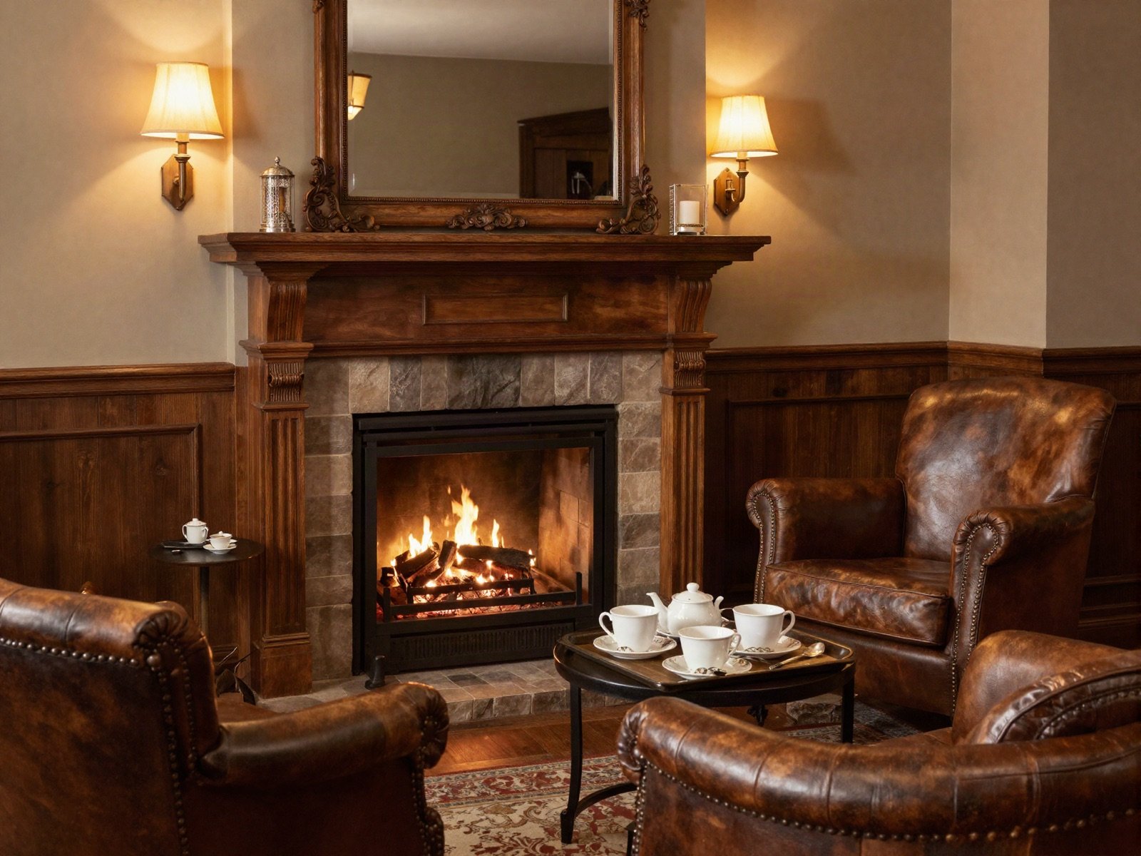 Inn lounge with a log fire, leather armchairs and a tea tray