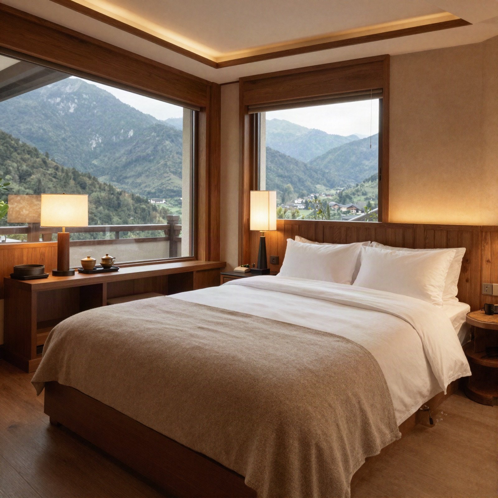 A hotel bedroom with a large bed and mountain views