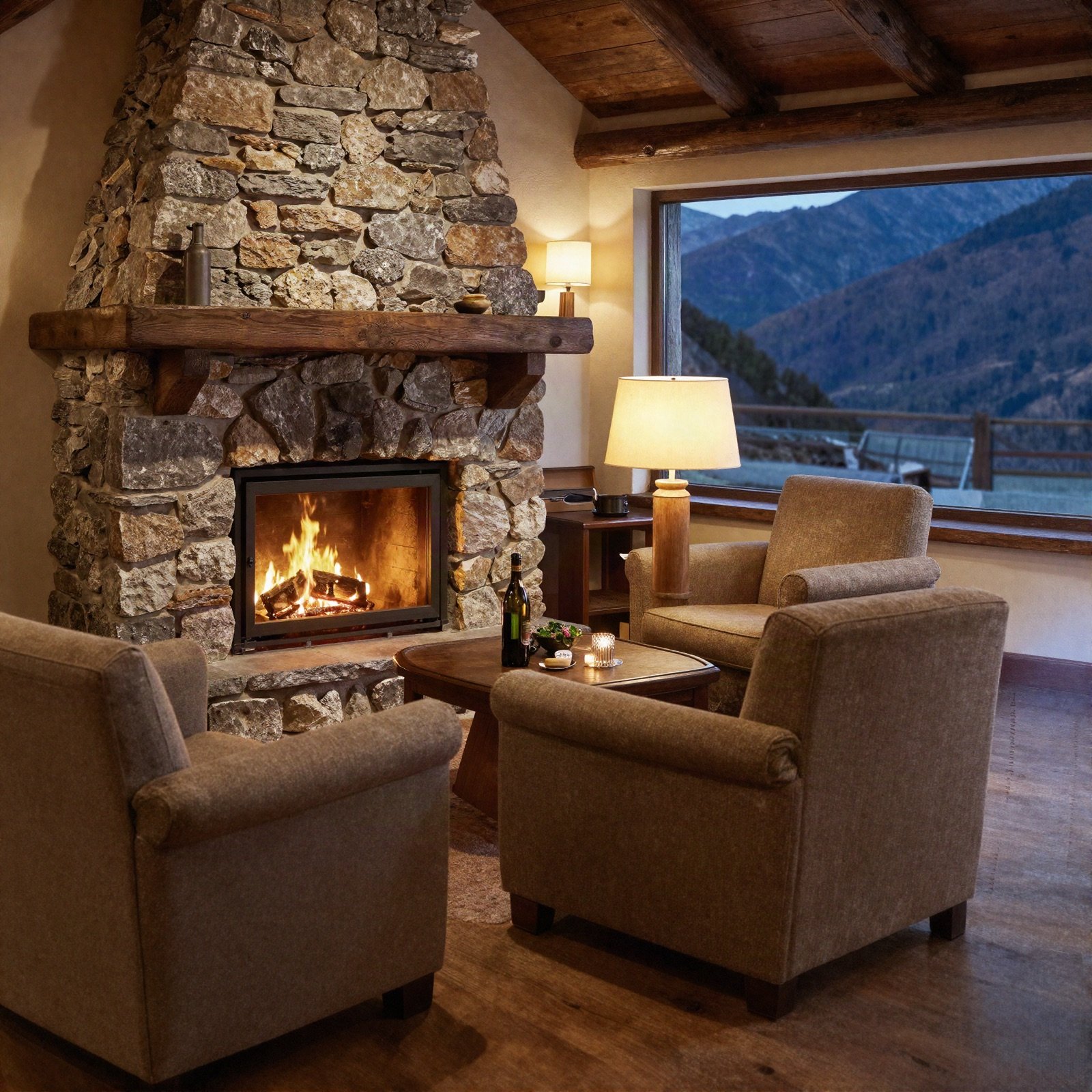 The inn lounge with armchairs around a stone fireplace