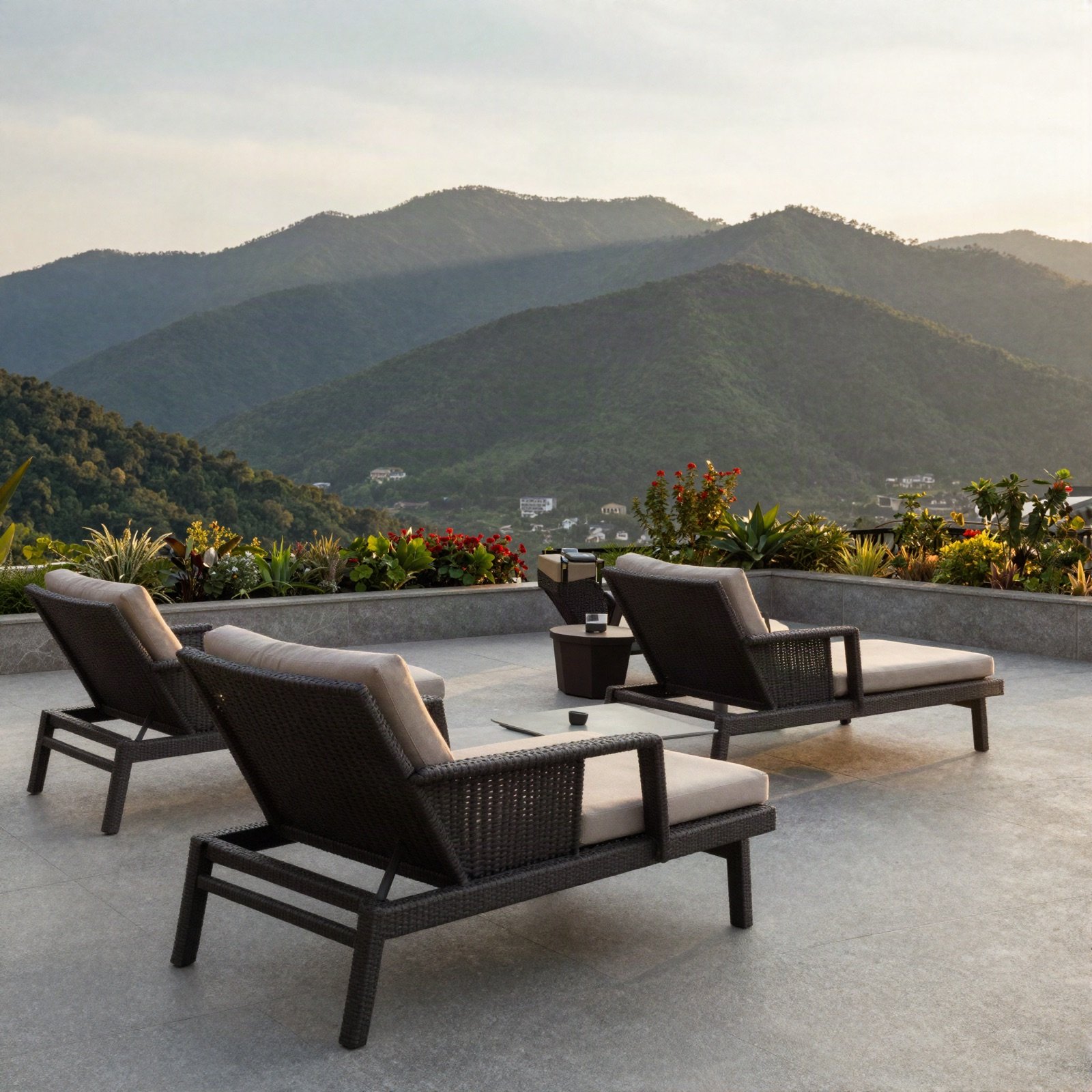 Lounge chairs on a terrace overlooking green mountains