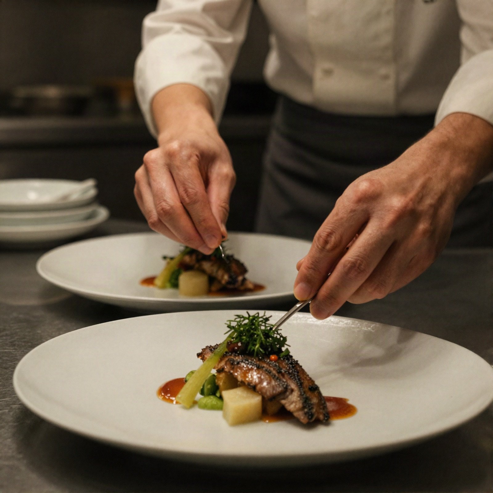A chef plating a dish in the hotel kitchen