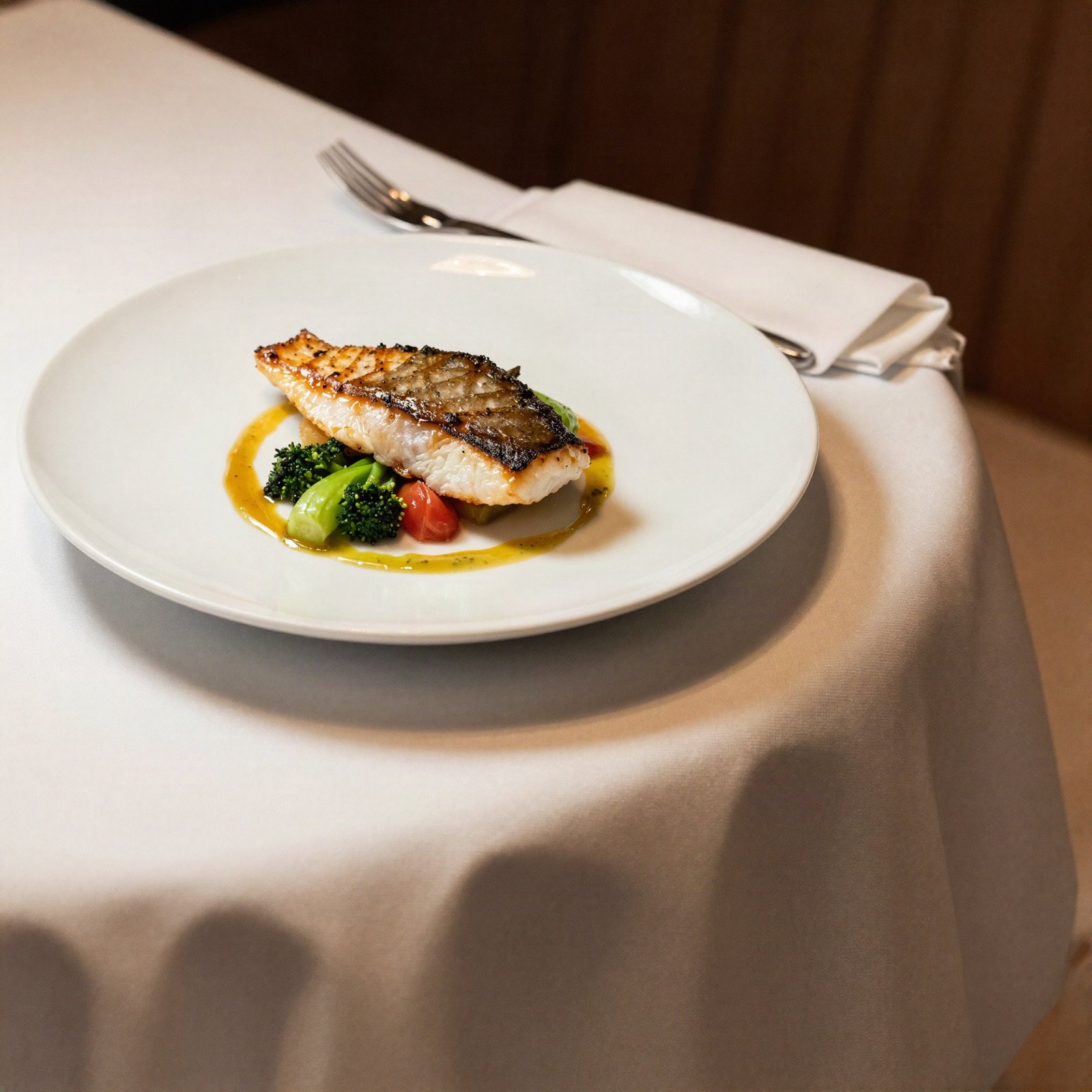 Seared fish with vegetables served in the hotel restaurant