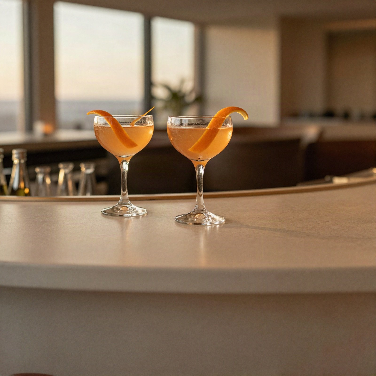 Two cocktails with orange peel on the hotel bar counter
