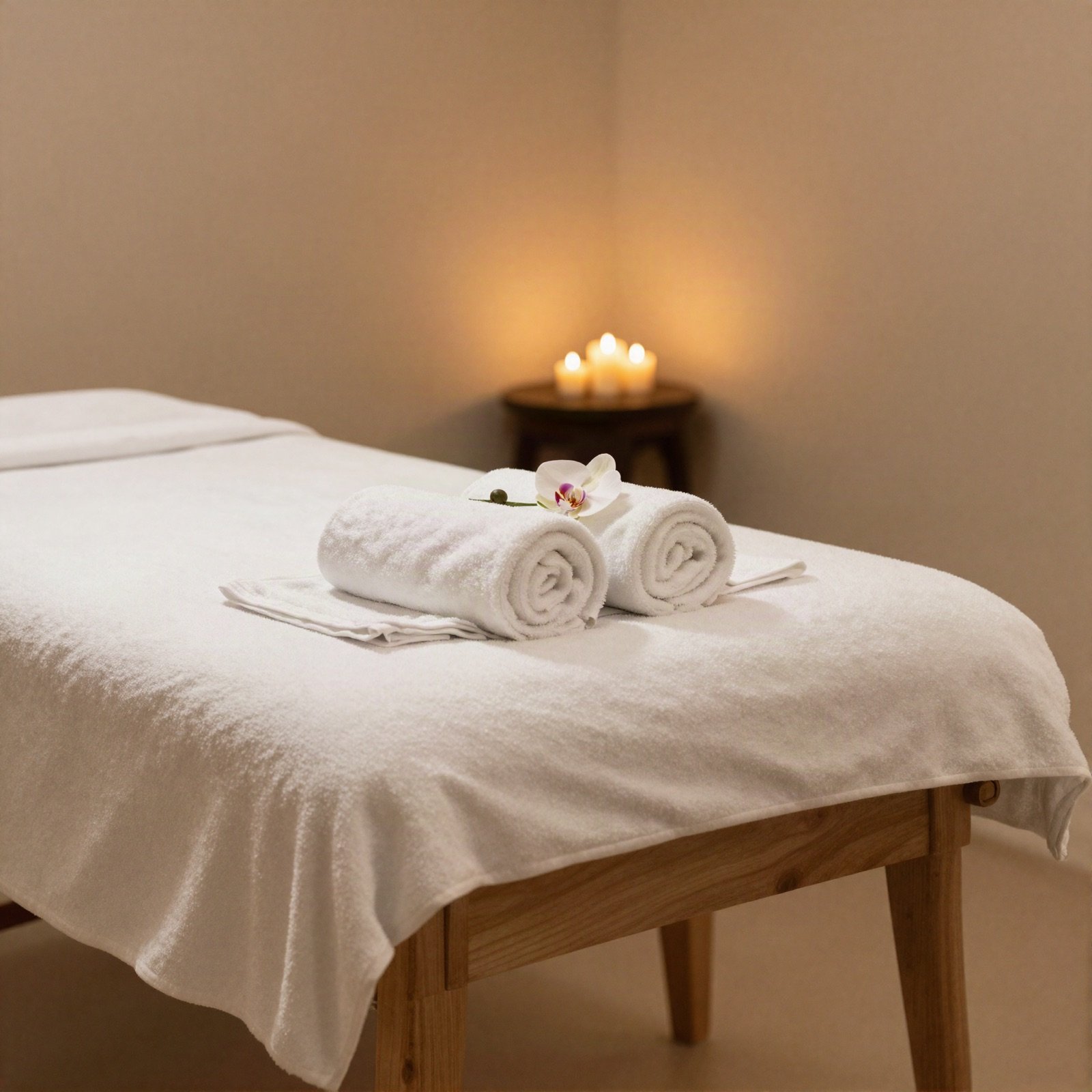 Spa treatment room with a massage table, rolled towels and candles