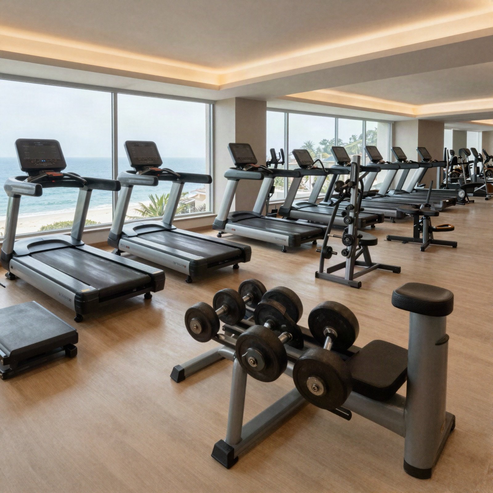 Hotel gym with treadmills and dumbbells facing the sea