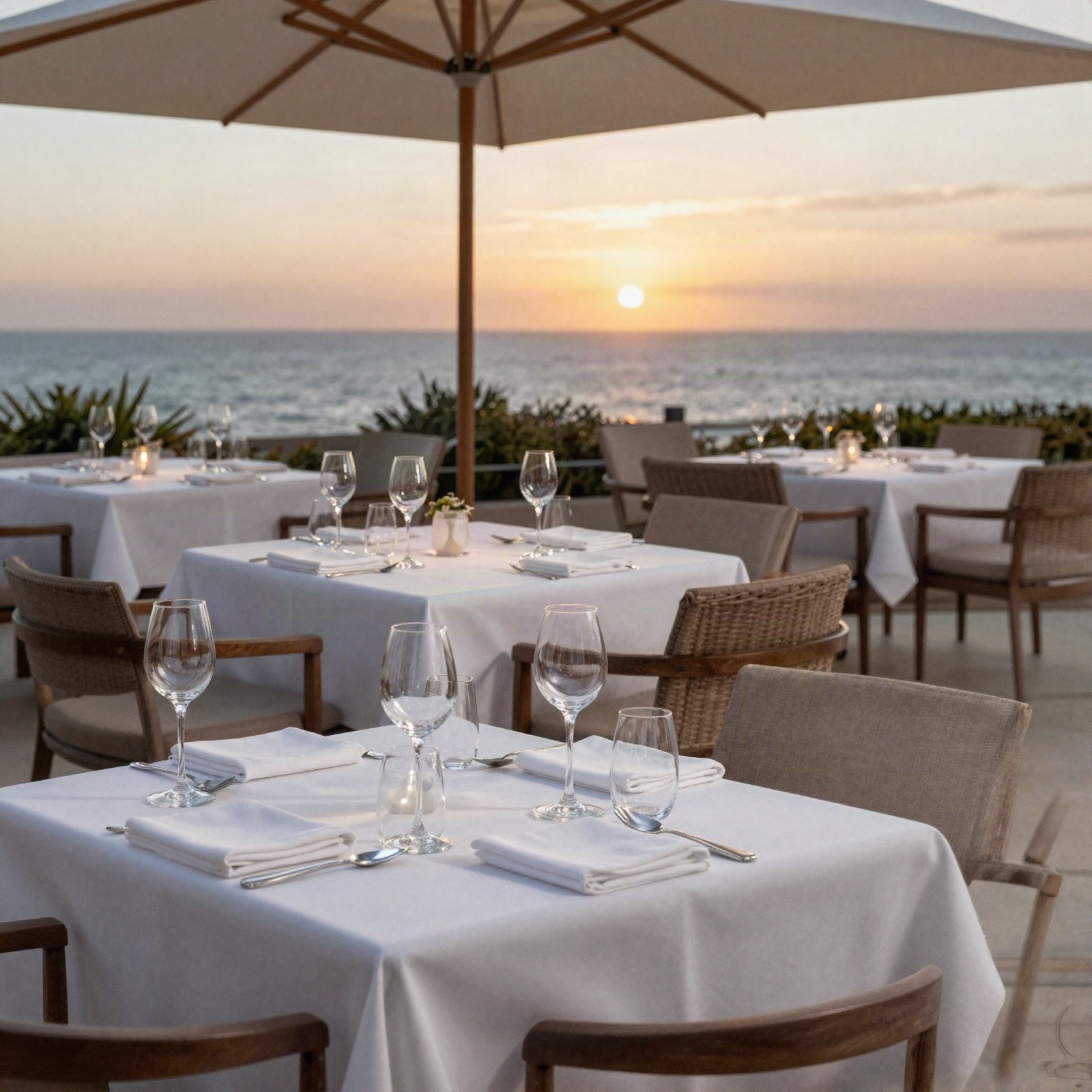 Restaurant terrace with white tablecloths and a sea view at sunset