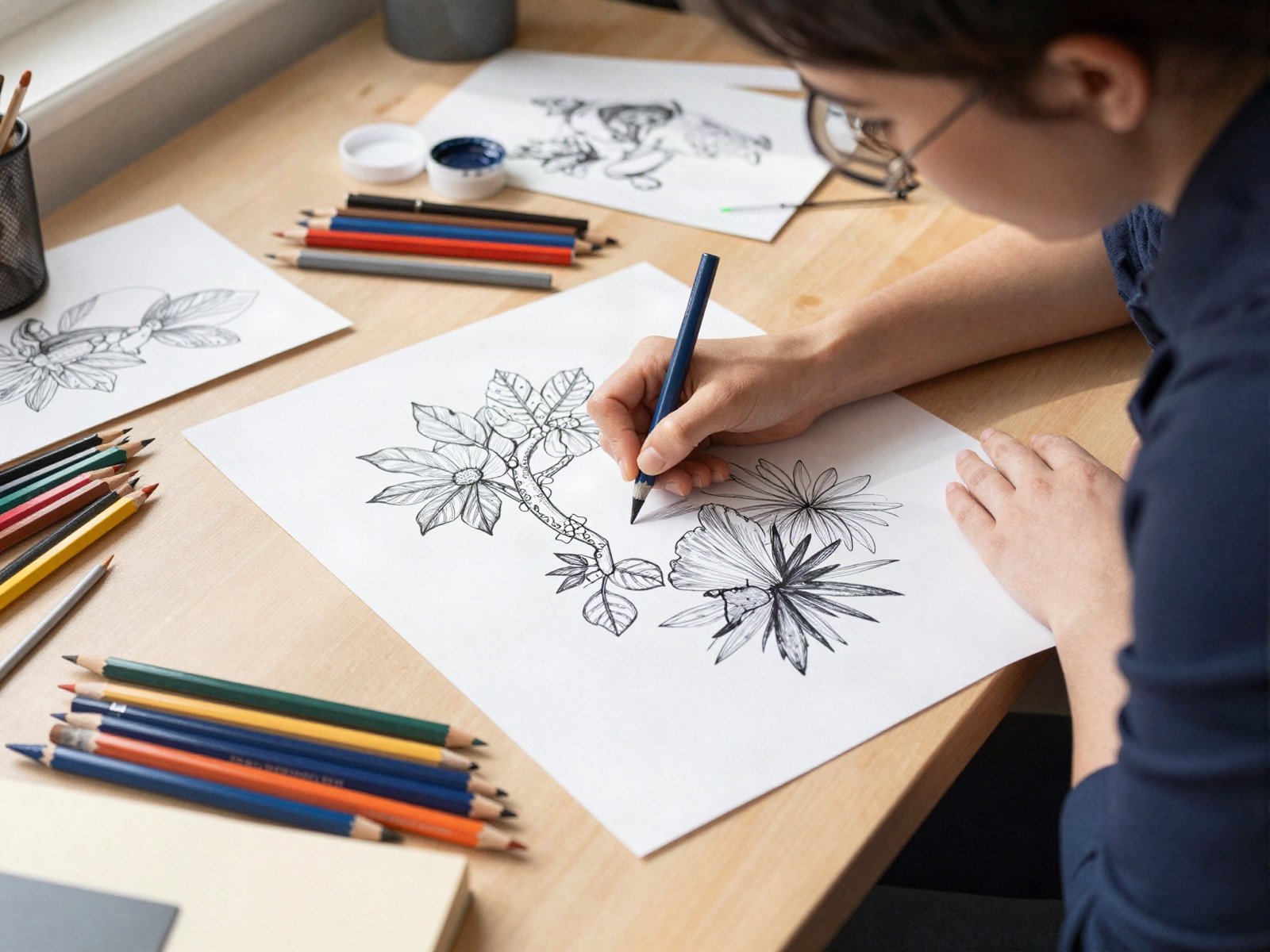 Illustrator inking a botanical drawing at a desk full of coloured pencils