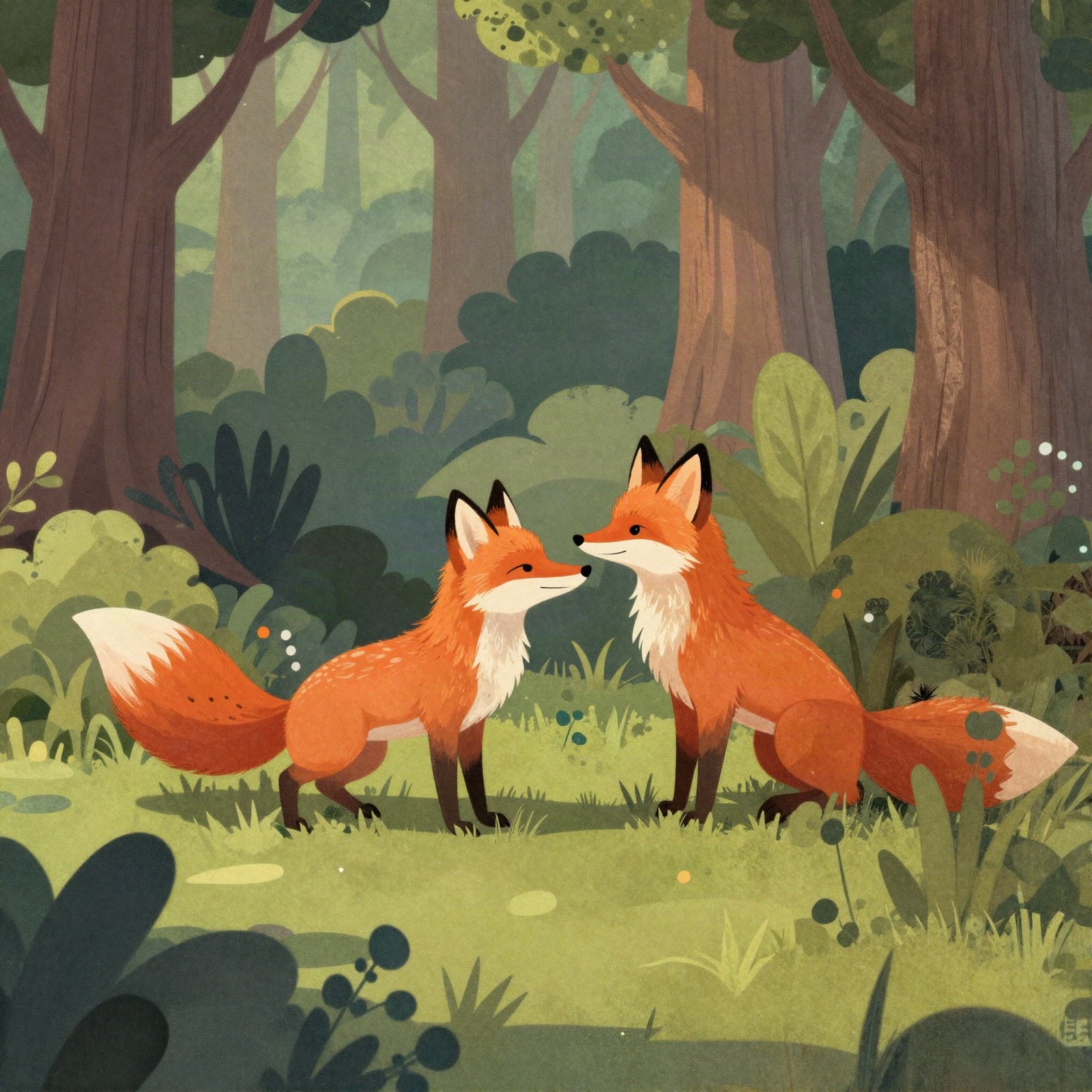 Storybook illustration of two foxes in a green forest