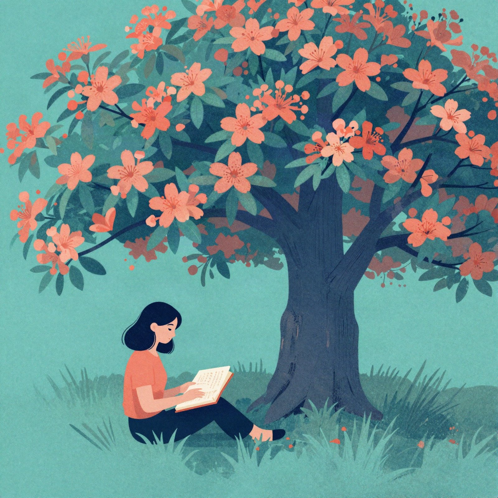 Editorial illustration of a woman reading under a blossoming tree