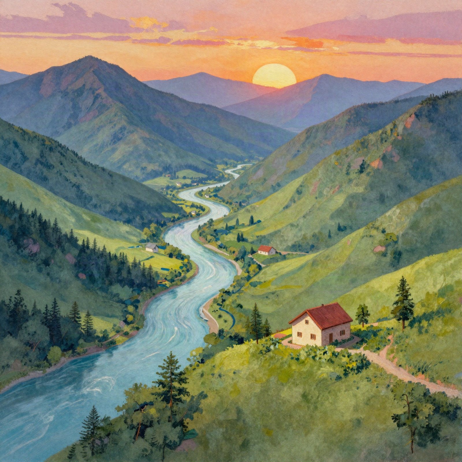 Gouache-style illustration of a river valley with a small house at sunset