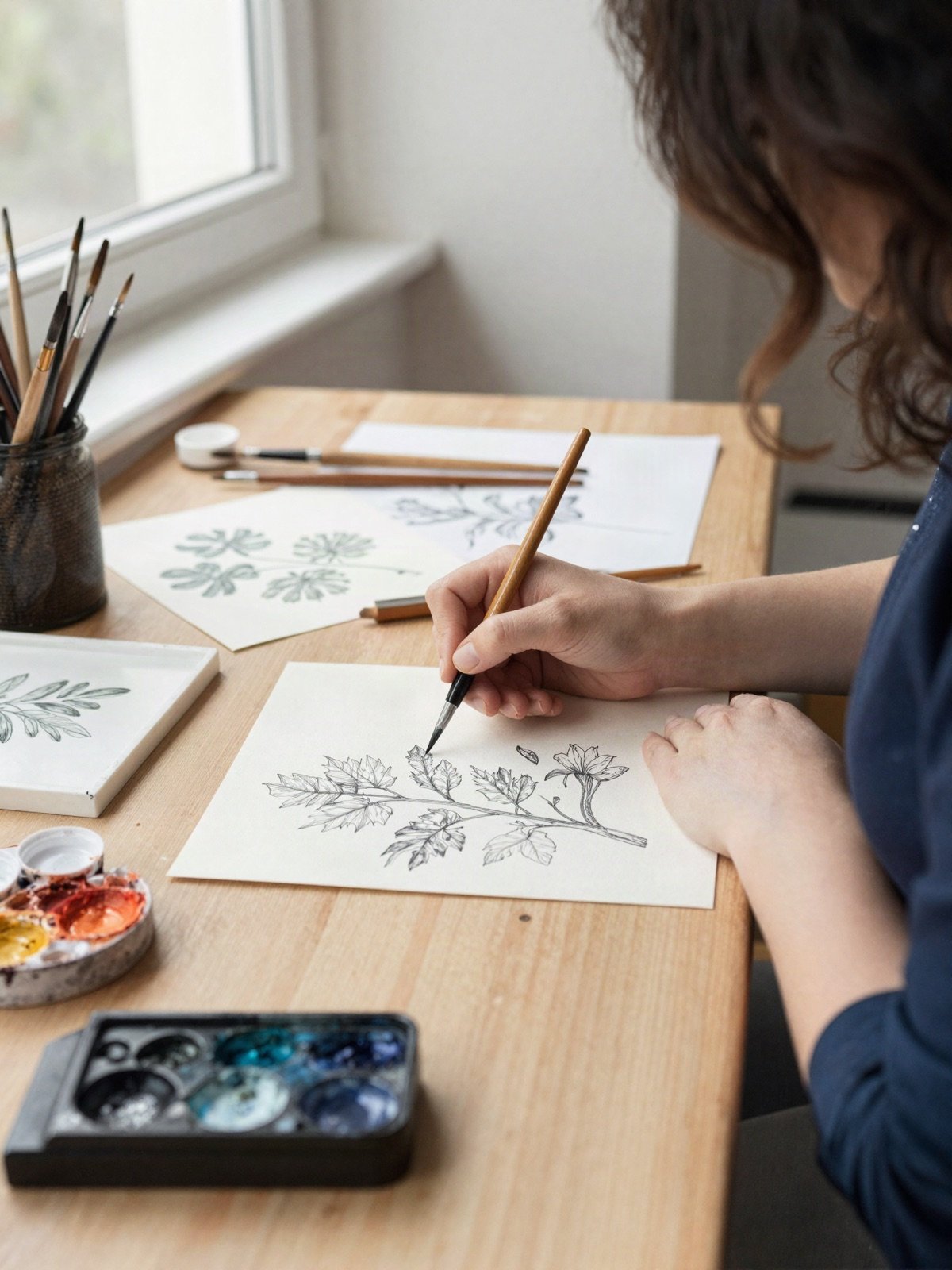 Illustrator painting a botanical sketch at a sunlit wooden desk