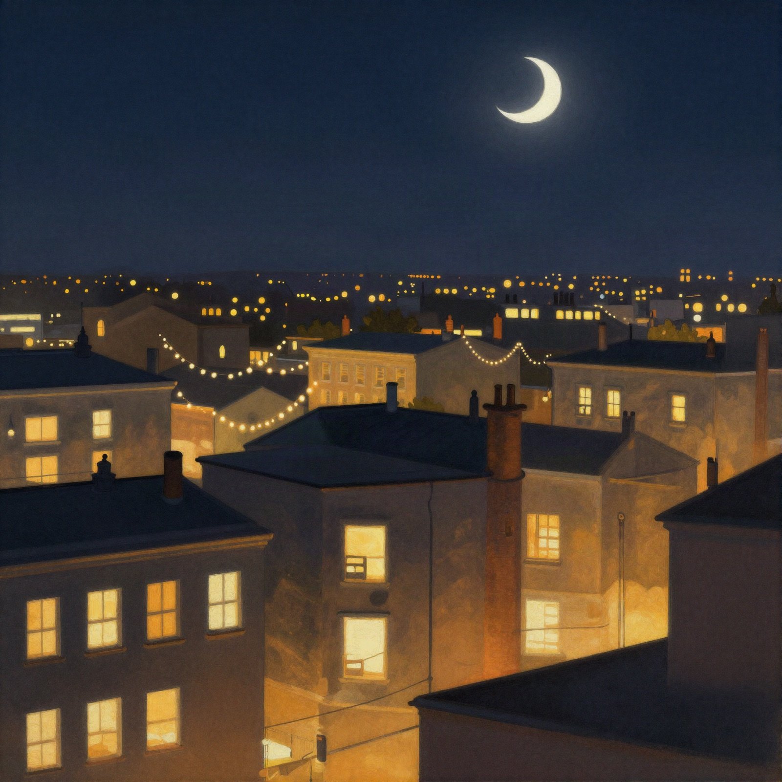 Illustration of city rooftops at night with glowing windows and a crescent moon