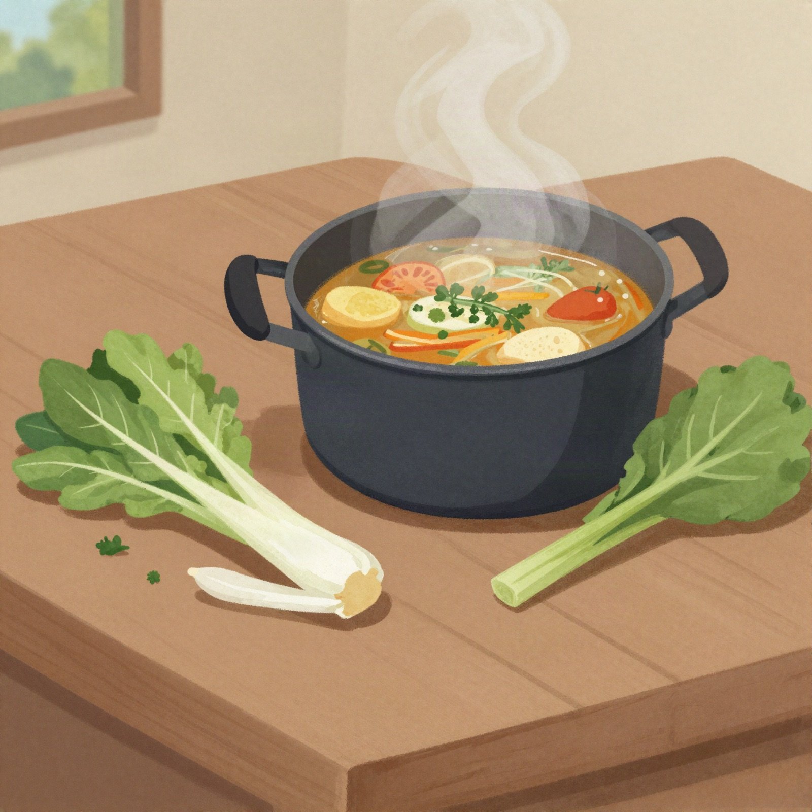 Illustration of a steaming pot of vegetable soup on a kitchen table