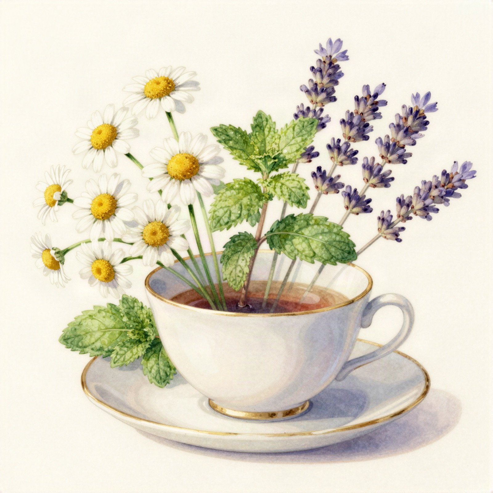 Watercolour of chamomile, mint and lavender in a teacup