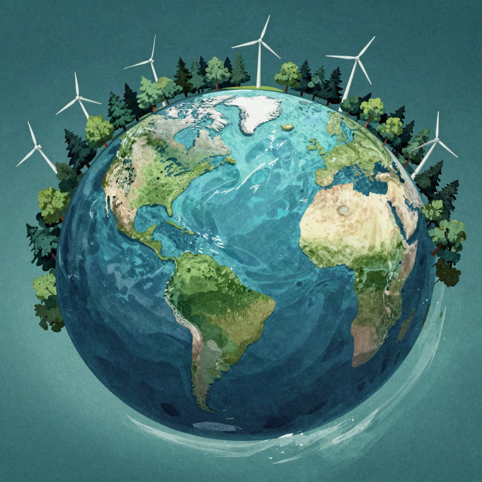Illustration of the Earth ringed with forests and wind turbines