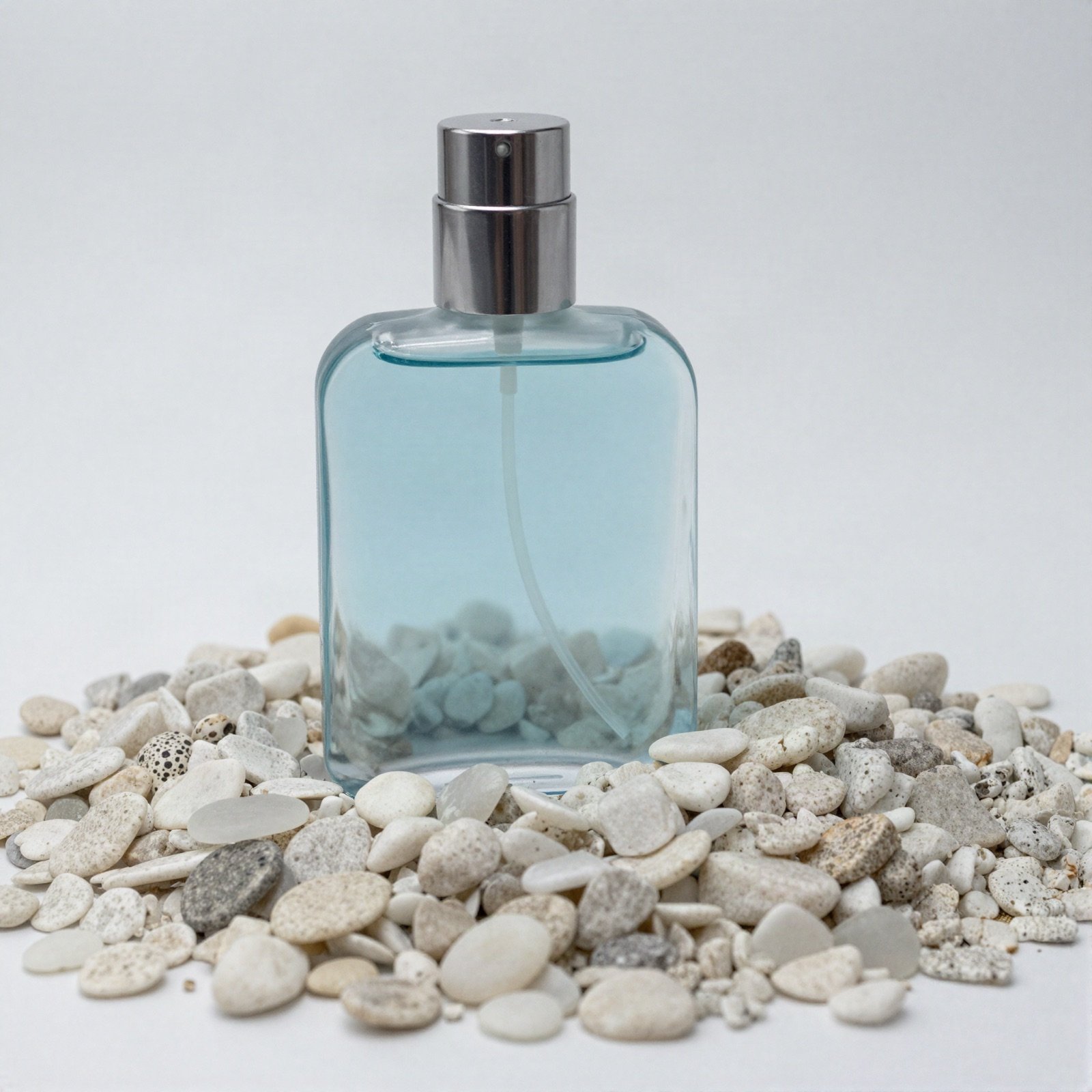 Pale blue perfume bottle with a silver cap on white pebbles