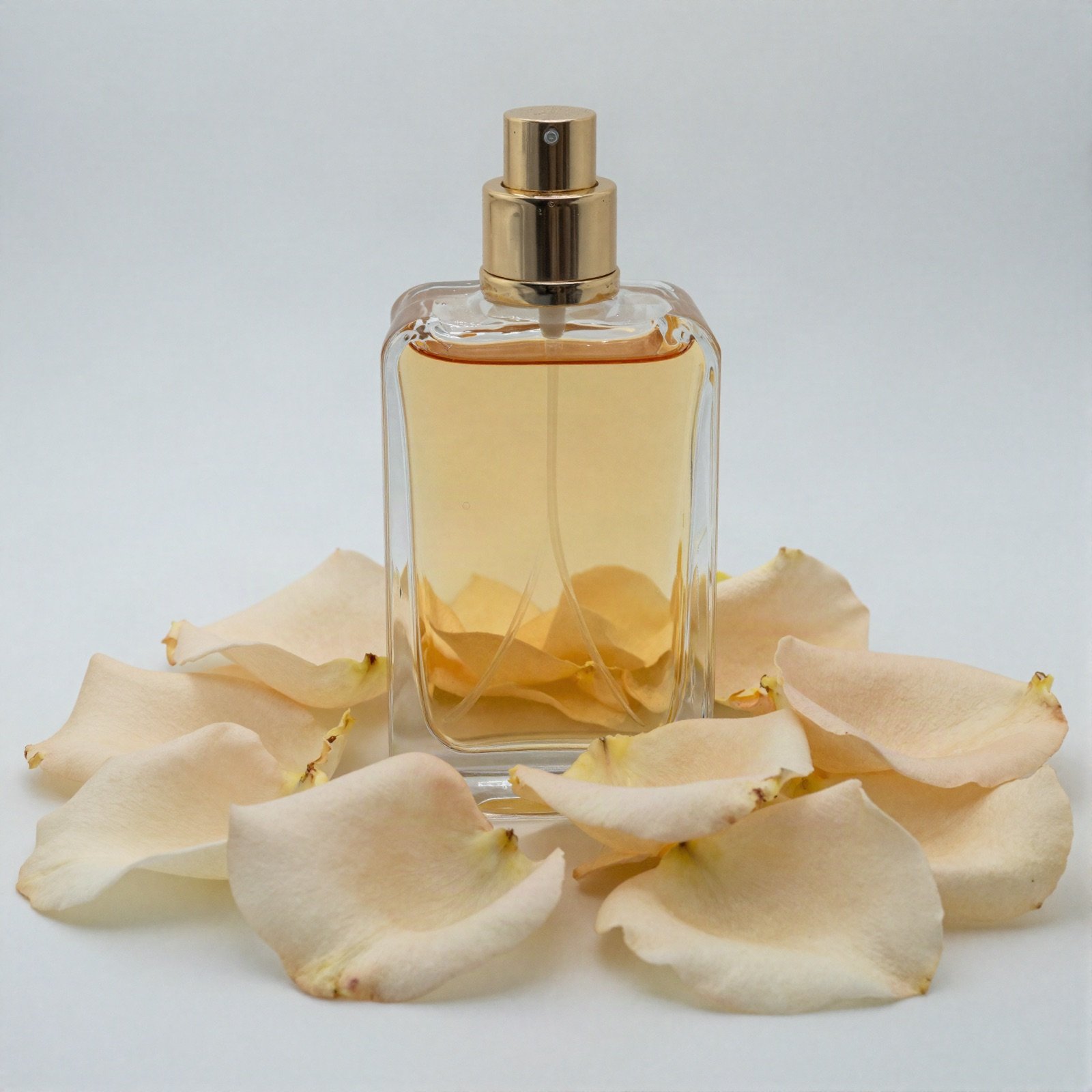 Amber perfume bottle with a gold cap among cream rose petals