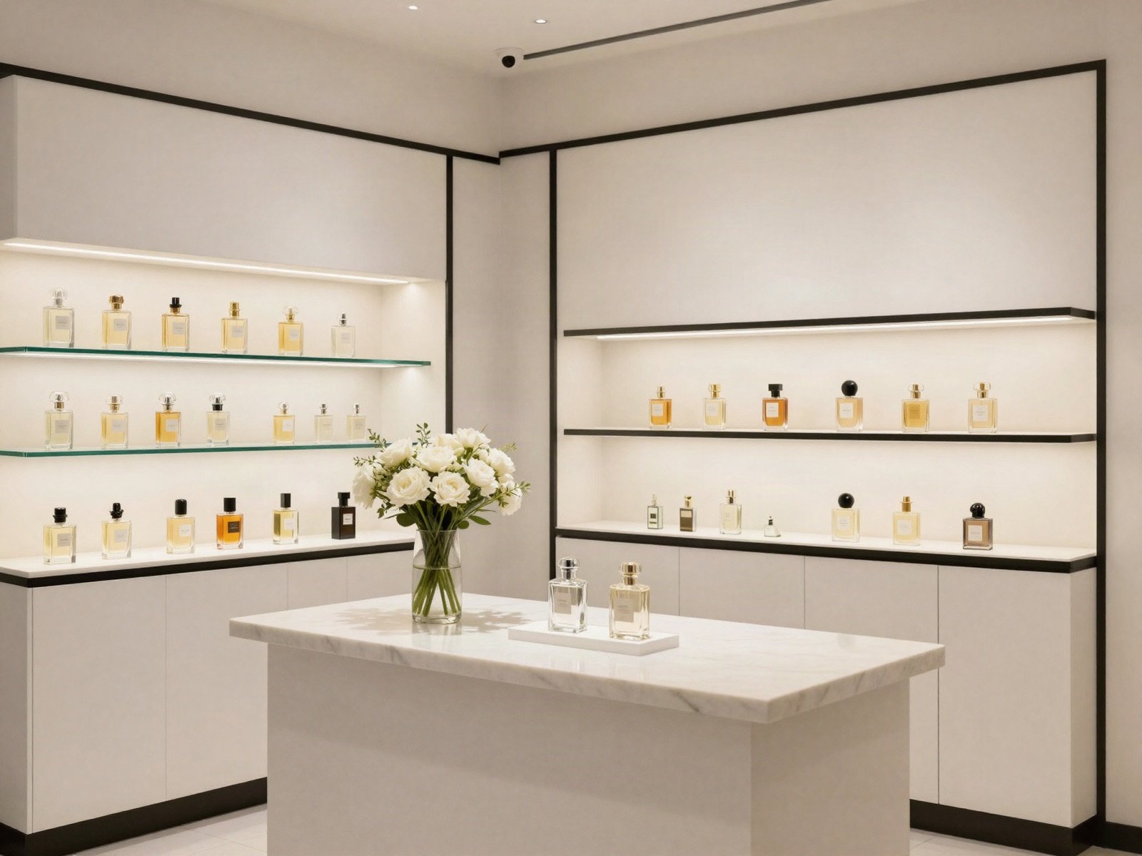 Bright perfume boutique with lit shelves of fragrances and a marble counter with white roses