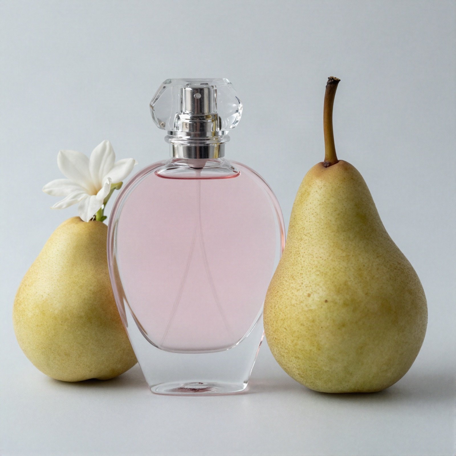 Round pale pink perfume bottle with a faceted cap between two pears and a white flower