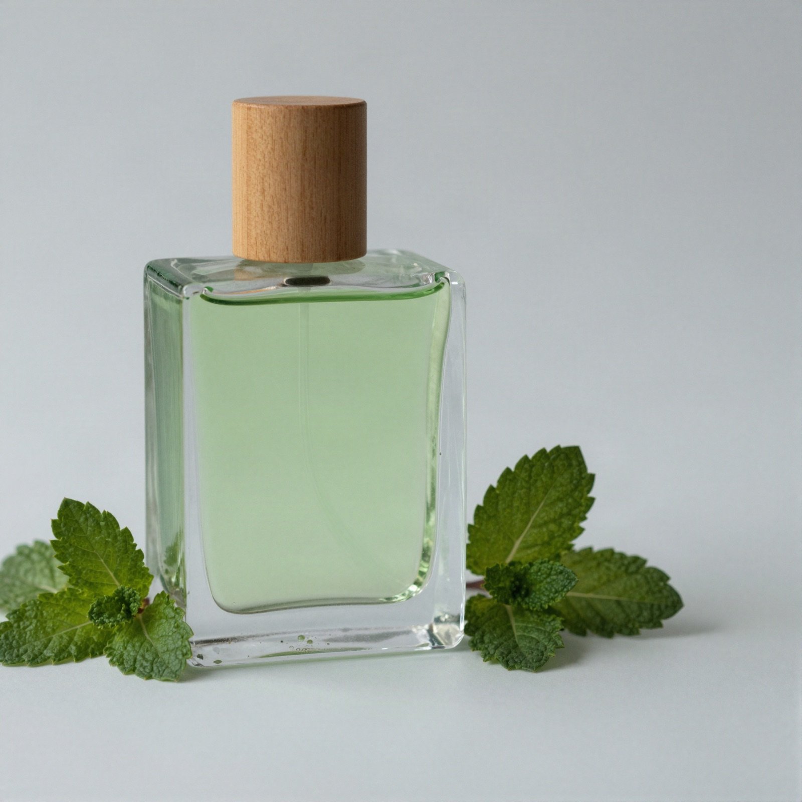 Square pale green perfume bottle with a wooden cap beside fresh mint leaves