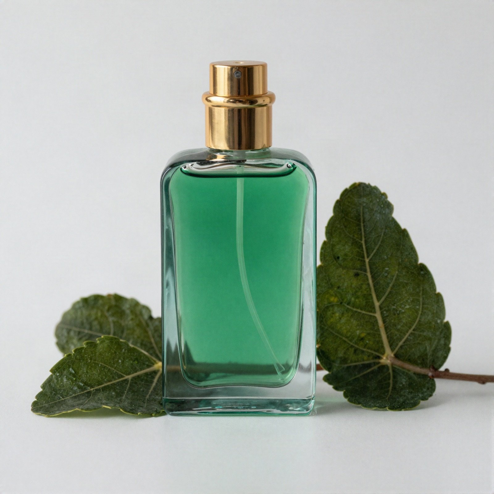 Emerald green perfume bottle with a gold cap between dark green leaves