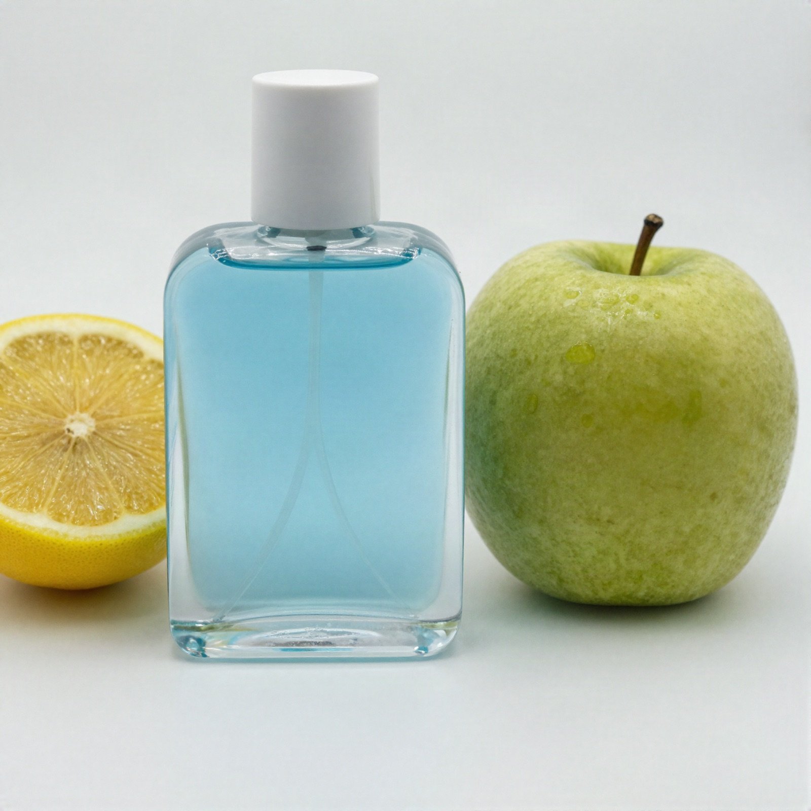 Light blue perfume bottle with a white cap beside a lemon half and a green apple