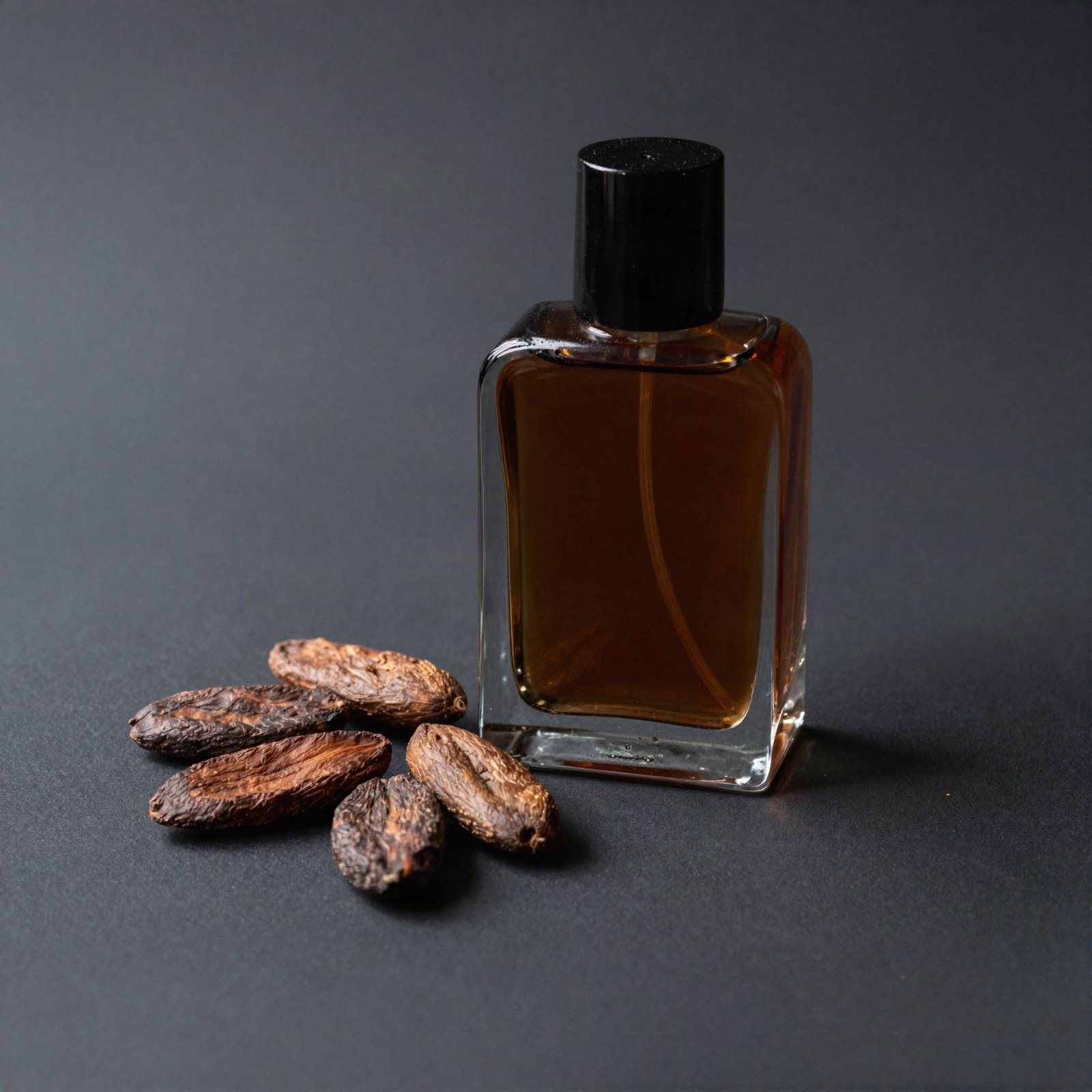 زجاجة عطر كهرمانية بغطاء أسود بجوار حبوب التونكا على خلفية فحمية
