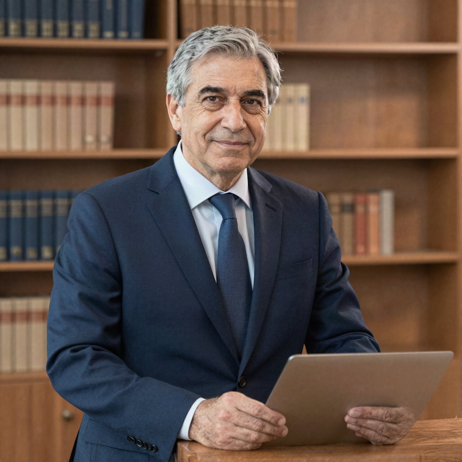 Senior attorney with grey hair in a navy suit in front of bookshelves