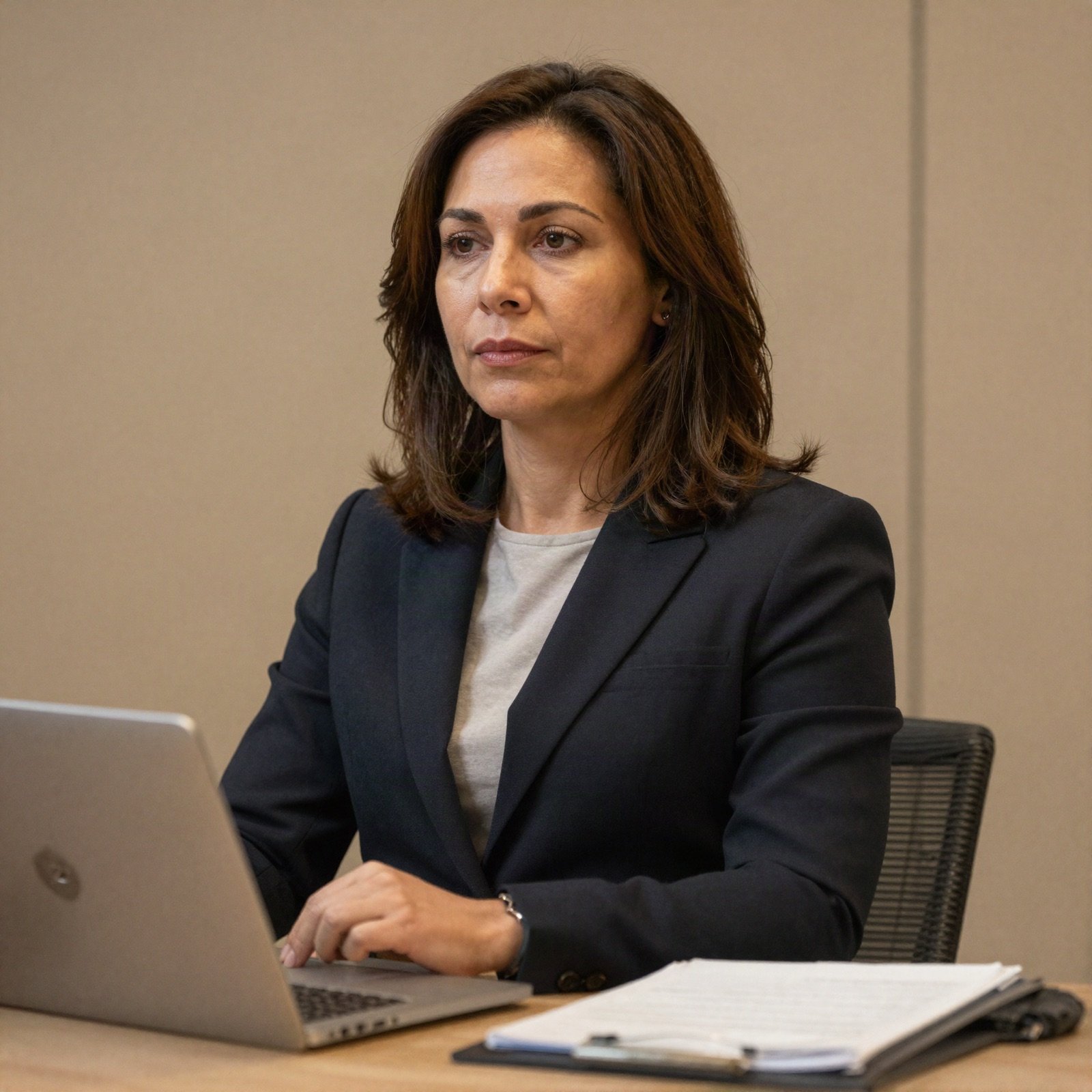 Attorney with shoulder-length brown hair in a dark blazer at her desk