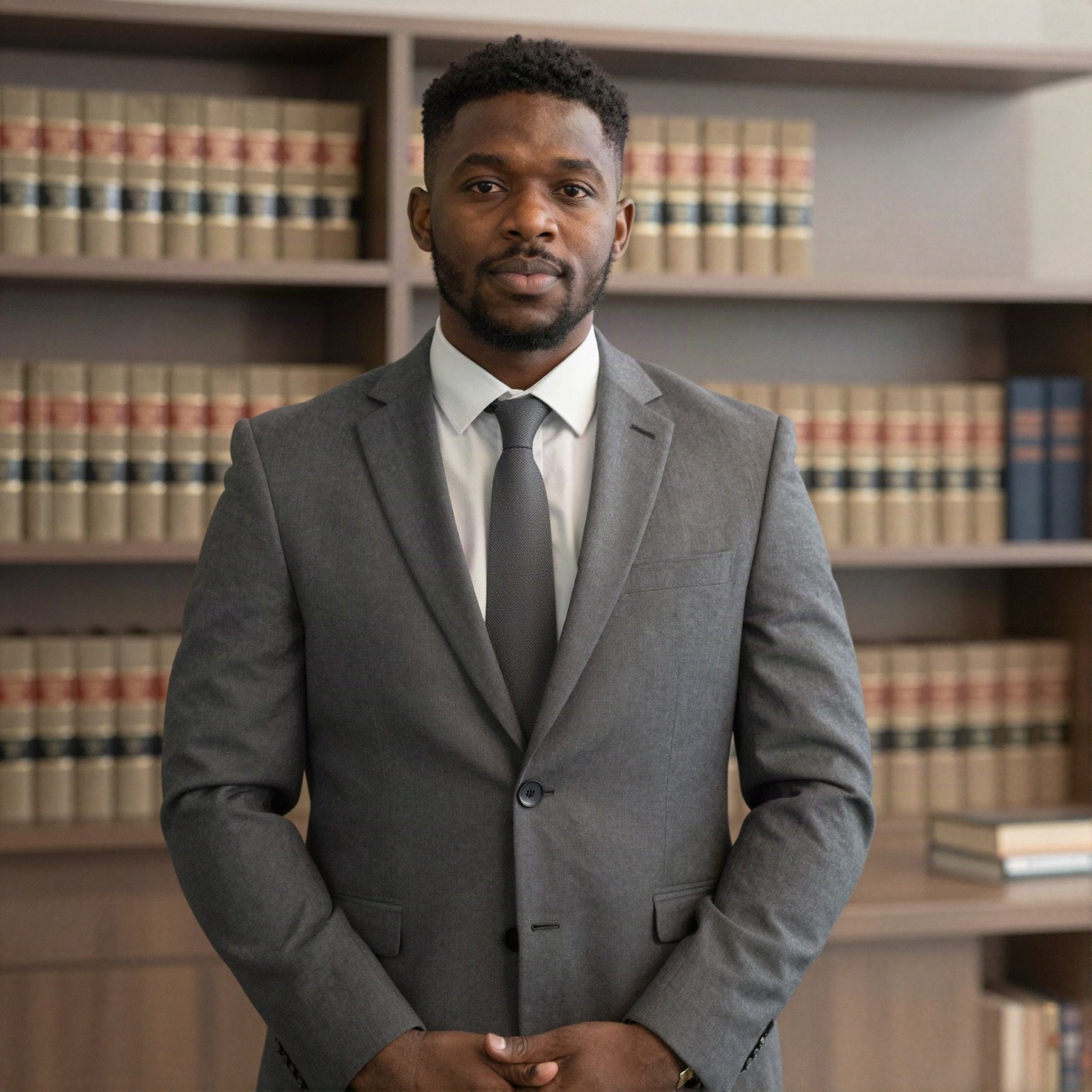 Attorney in a grey suit and tie in front of law books