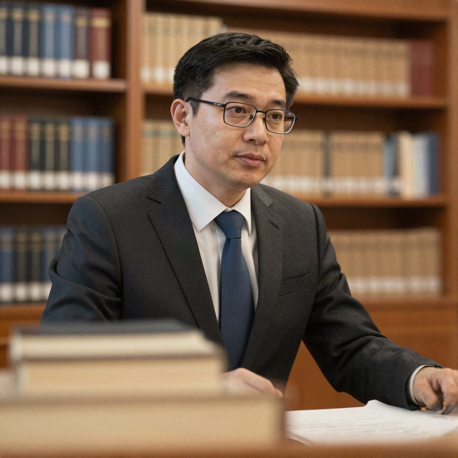 Attorney with glasses in a dark suit in a law library