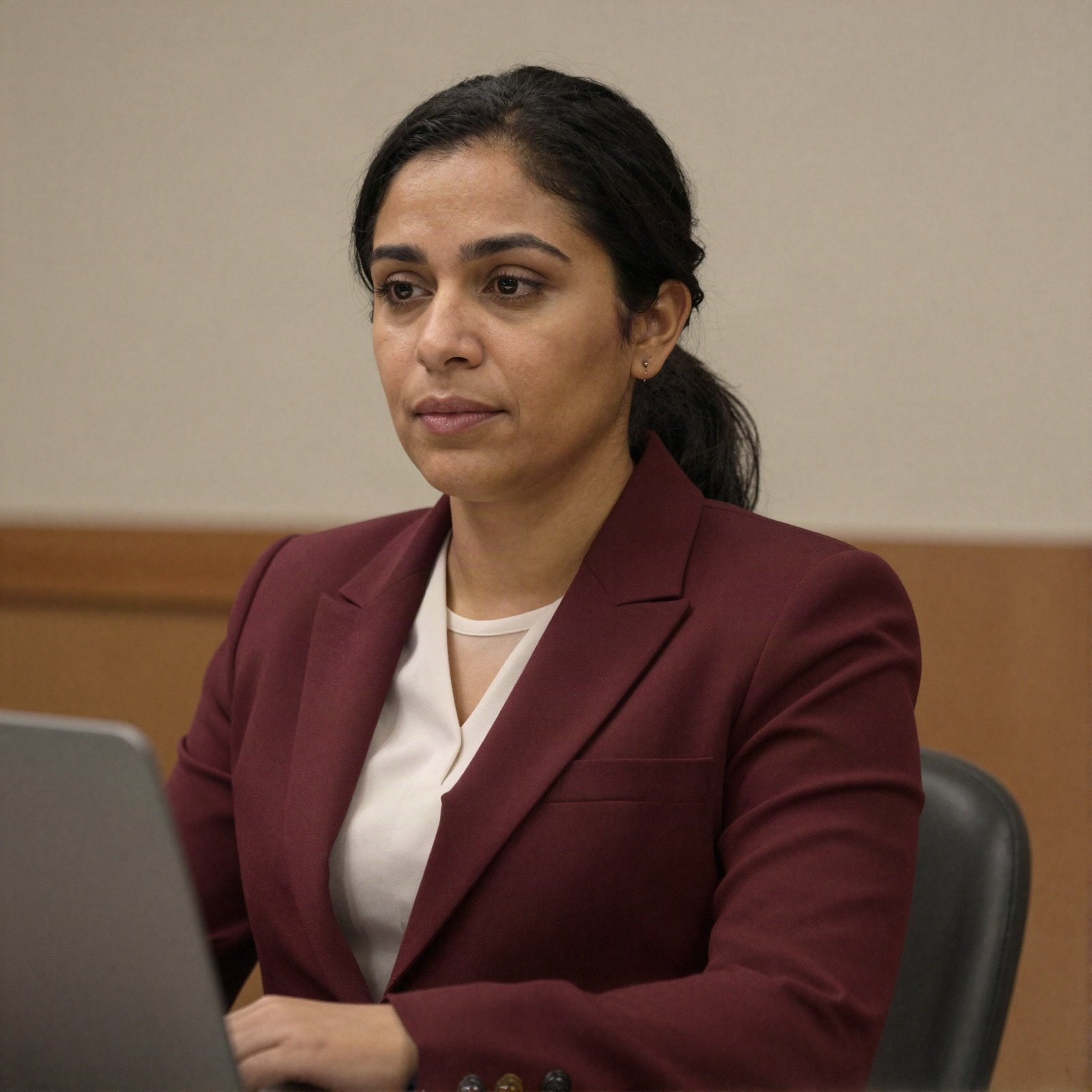 Attorney in a burgundy blazer at her desk