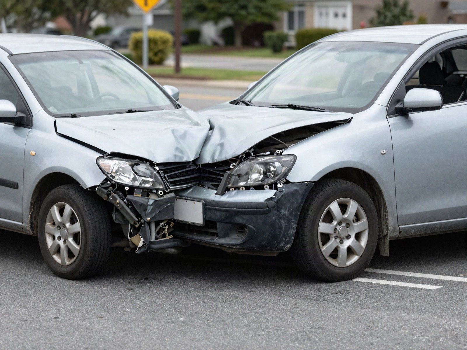 Two cars with crumpled fronts after a collision at an intersection