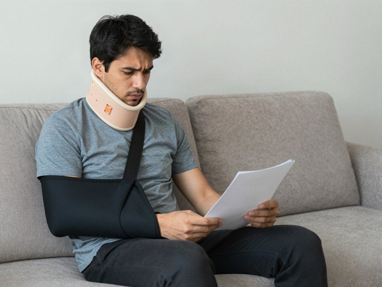 Man in a neck brace and arm sling reading papers on a sofa