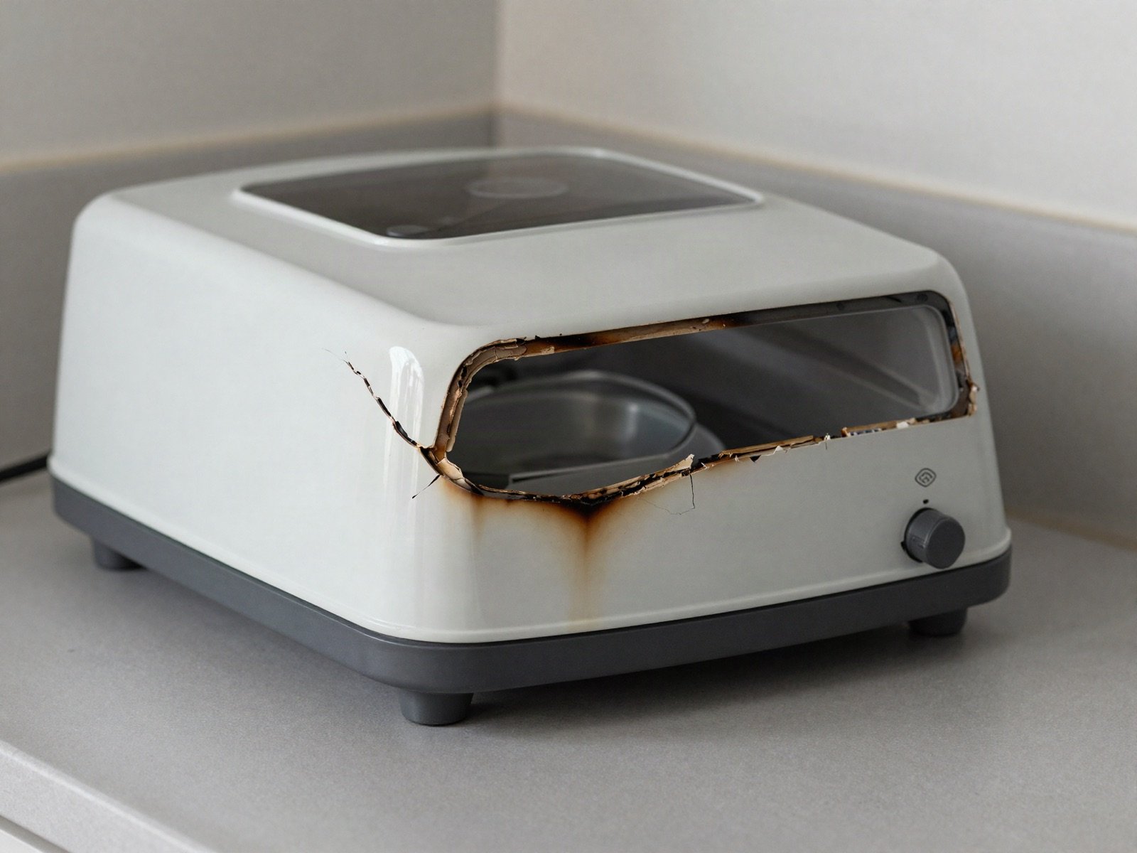 Scorched and cracked kitchen appliance on a countertop