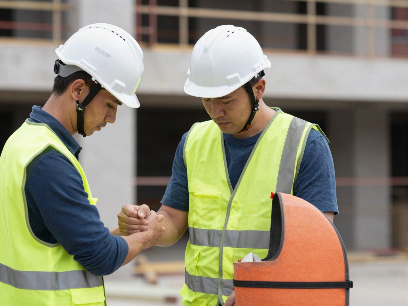 Construction worker helping a colleague with an injured hand on site
