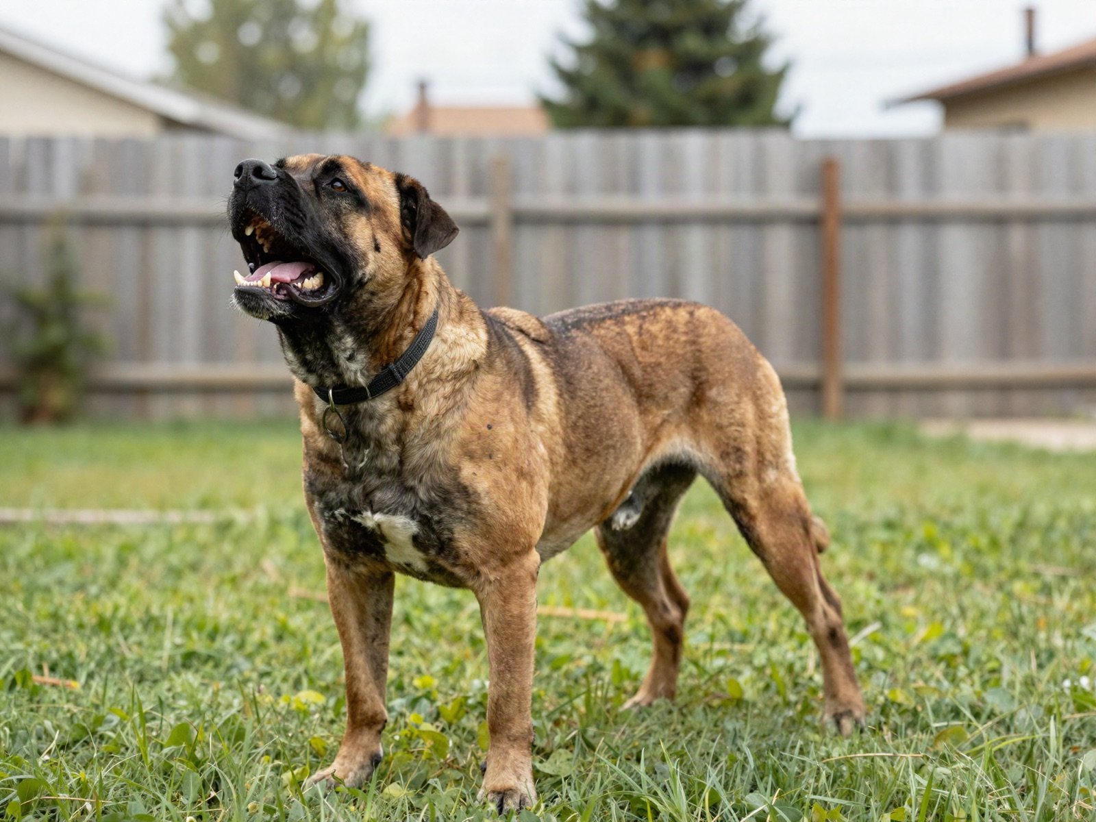 Large guard dog barking in a fenced suburban yard