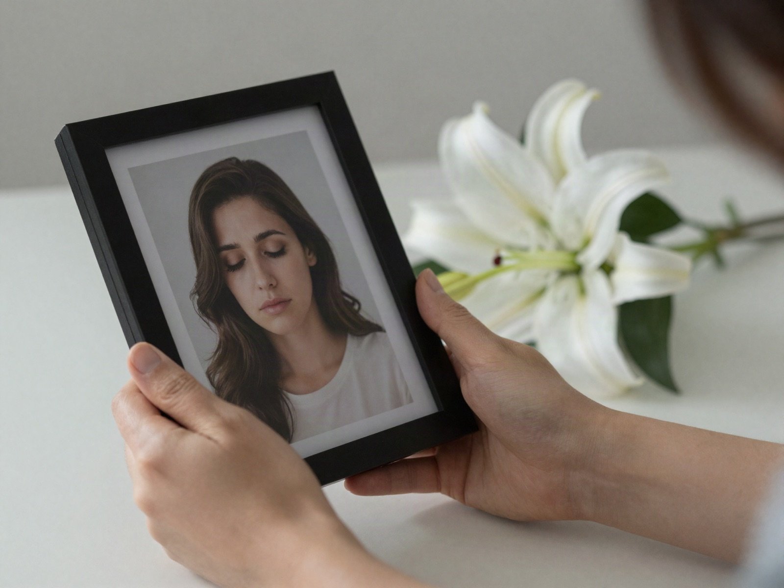 Hands holding a framed portrait beside white lilies