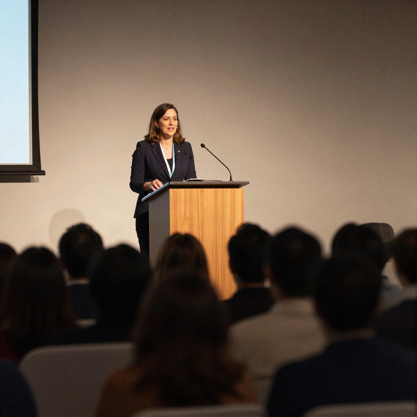 Speaker giving a keynote at a podium in front of a full room