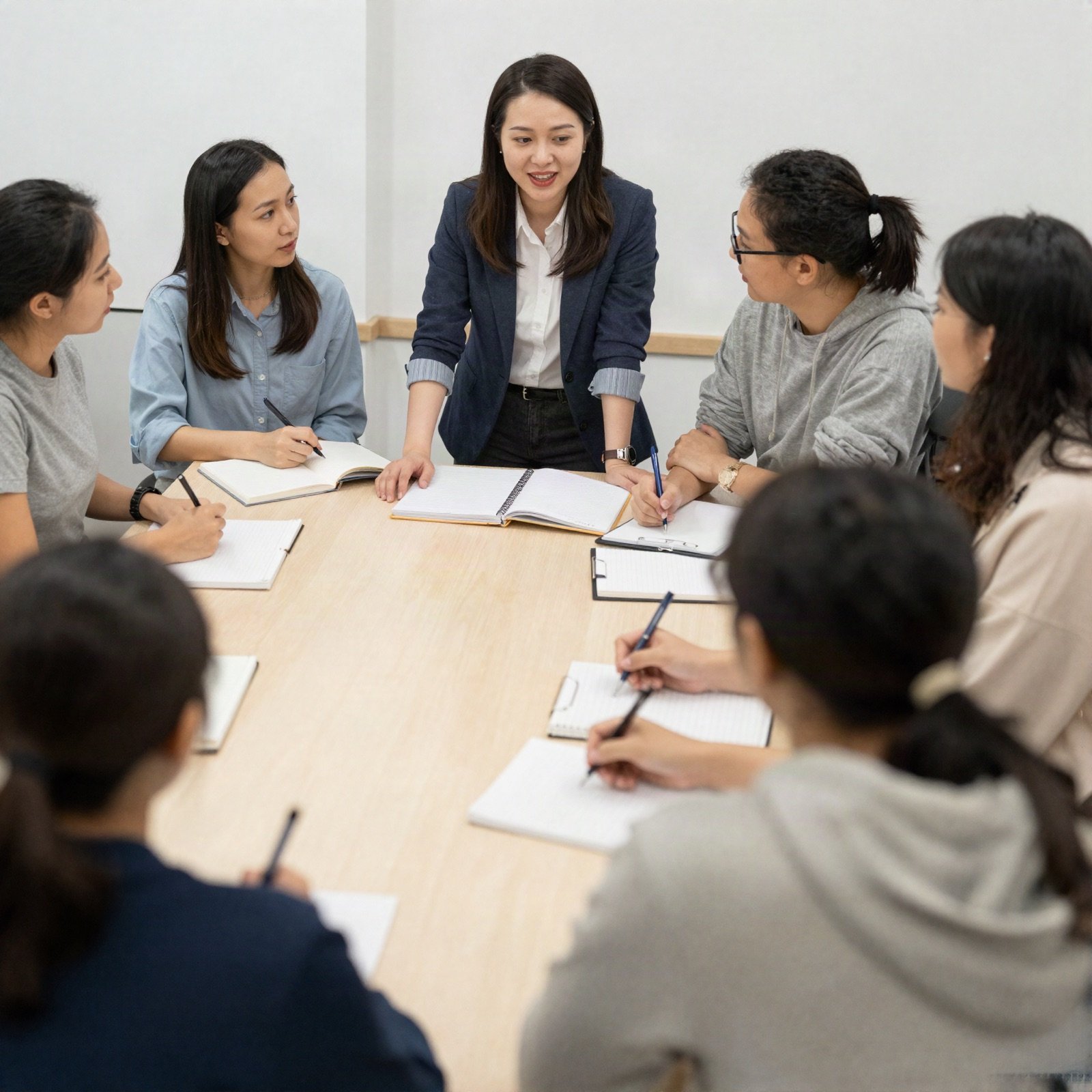 Coach leading a small group workshop around a table