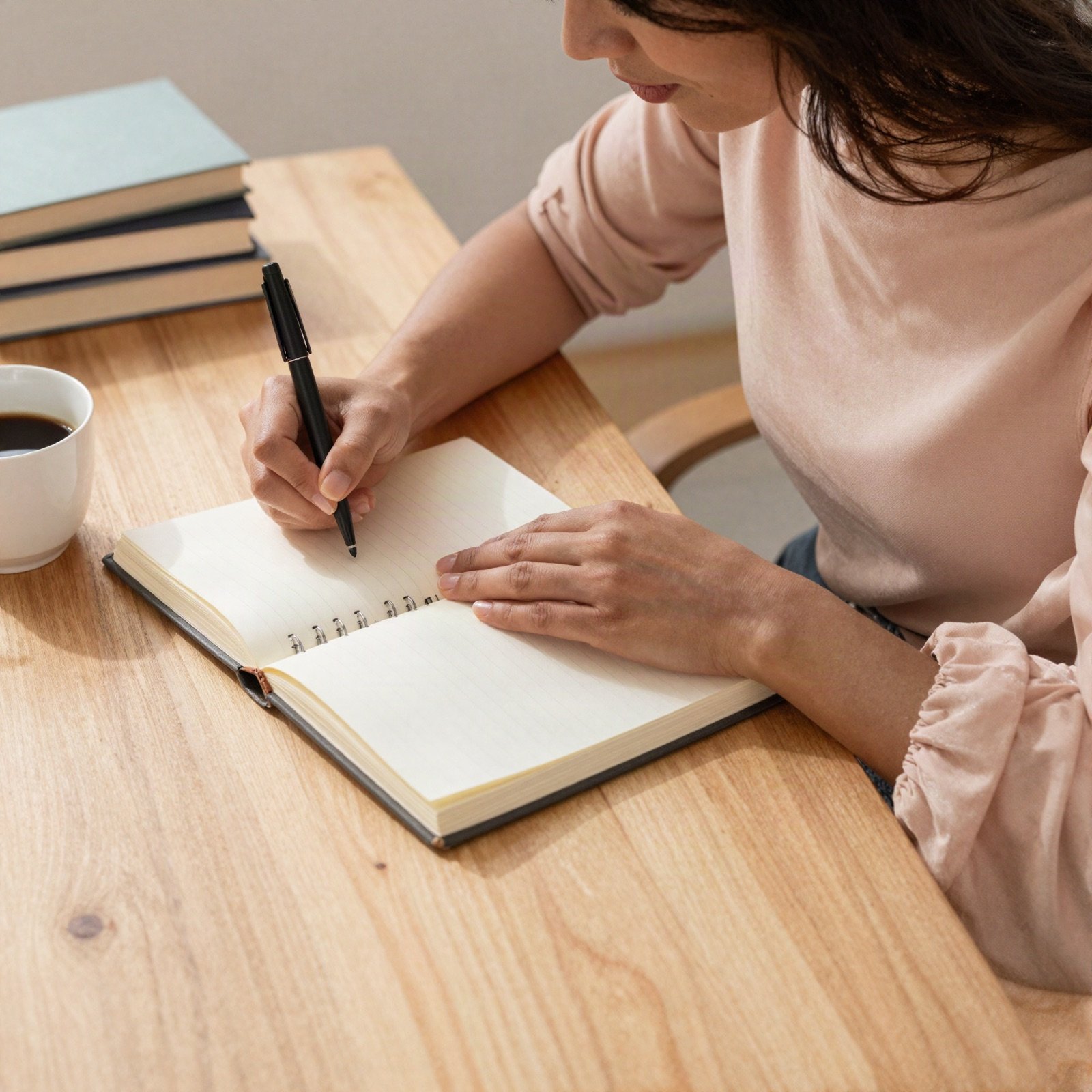 Author writing by hand in a notebook at a sunny wooden desk