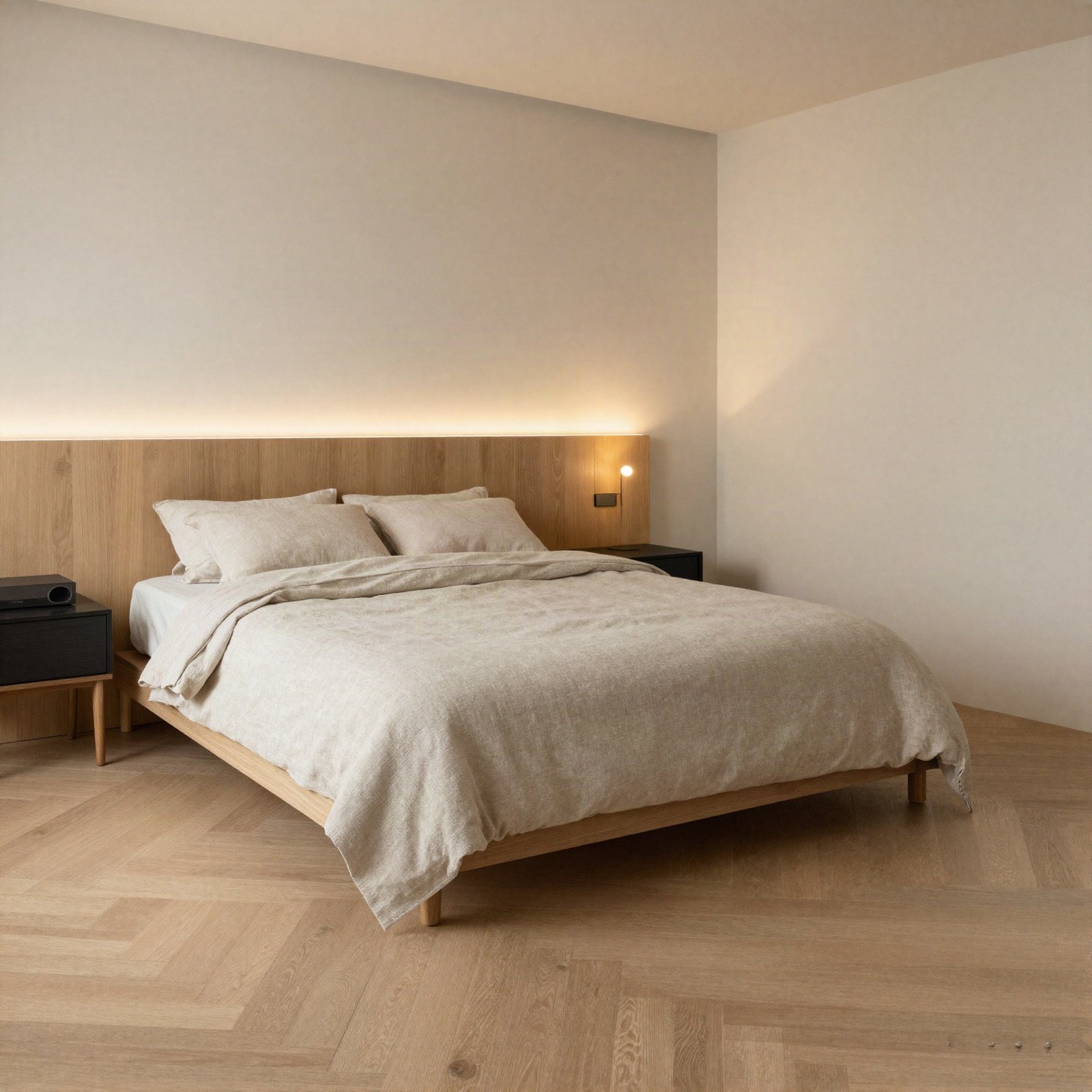 Minimal bedroom with oak floor, linen bedding and warm wall lights