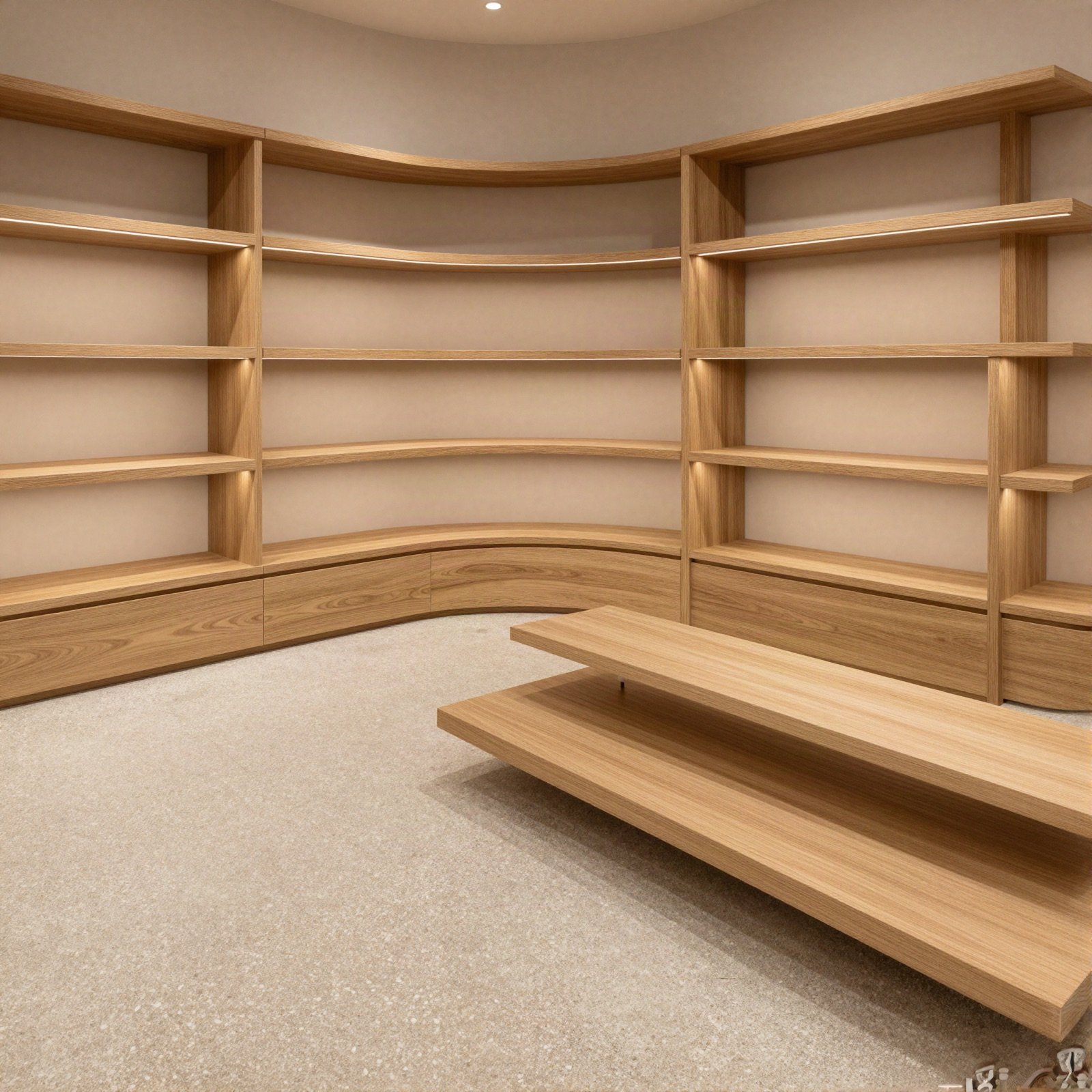 Boutique interior with curved oak shelving and a terrazzo floor