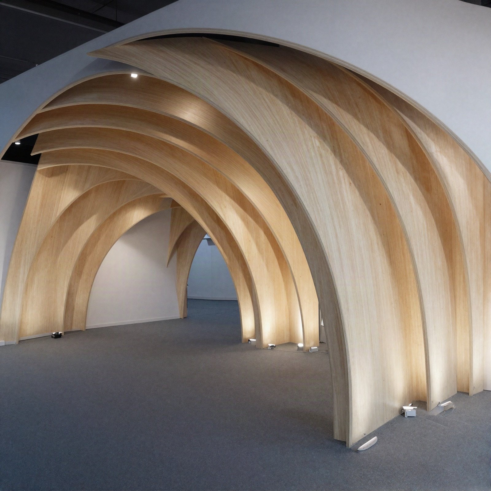 Exhibition pavilion with sculptural lit timber arches