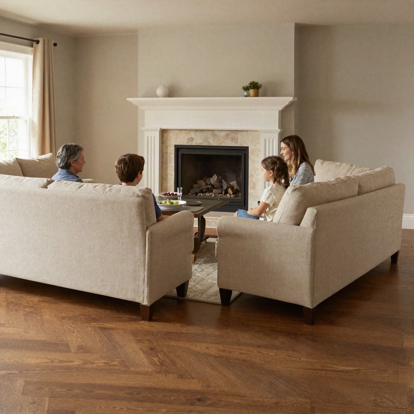 Family living room with oak floors, linen sofas and a stone fireplace
