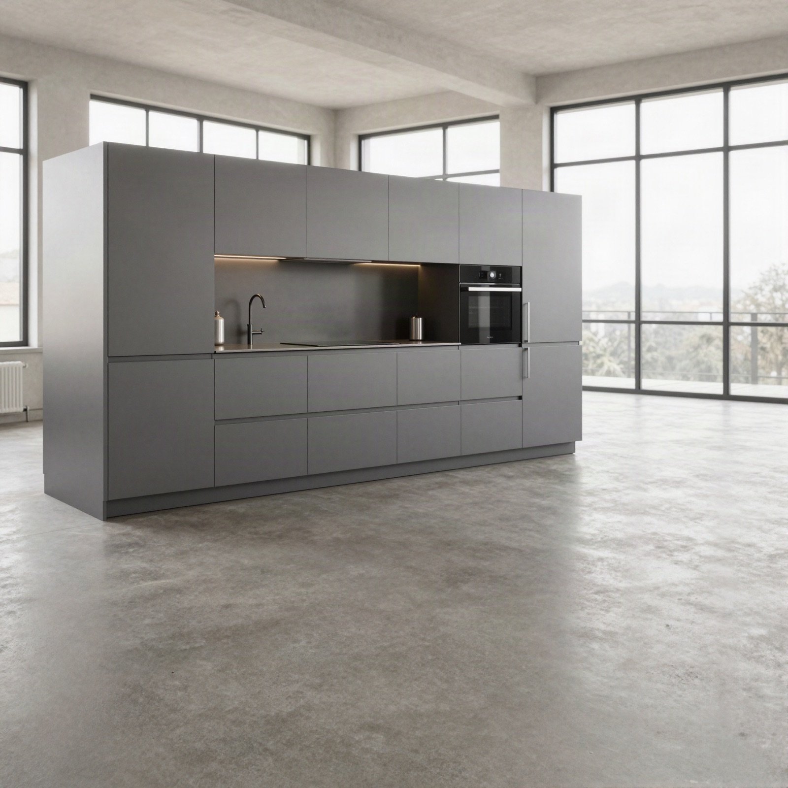 Open-plan loft with a handleless kitchen wall and concrete floor